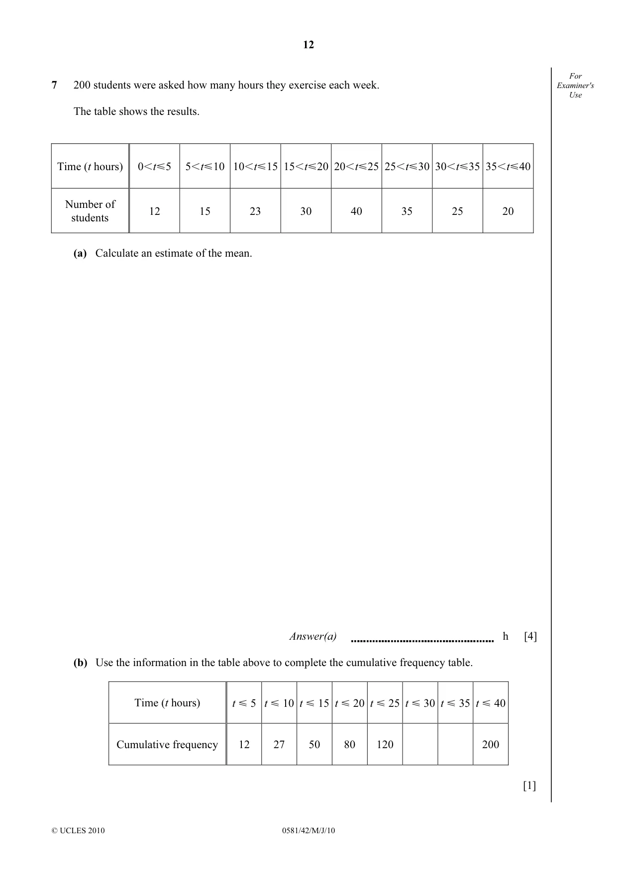 Cambridge IGCSE Mathematics (with coursework) 0581 2010 May/June Paper 4 · Variant 2 question paper, page 12 of 20