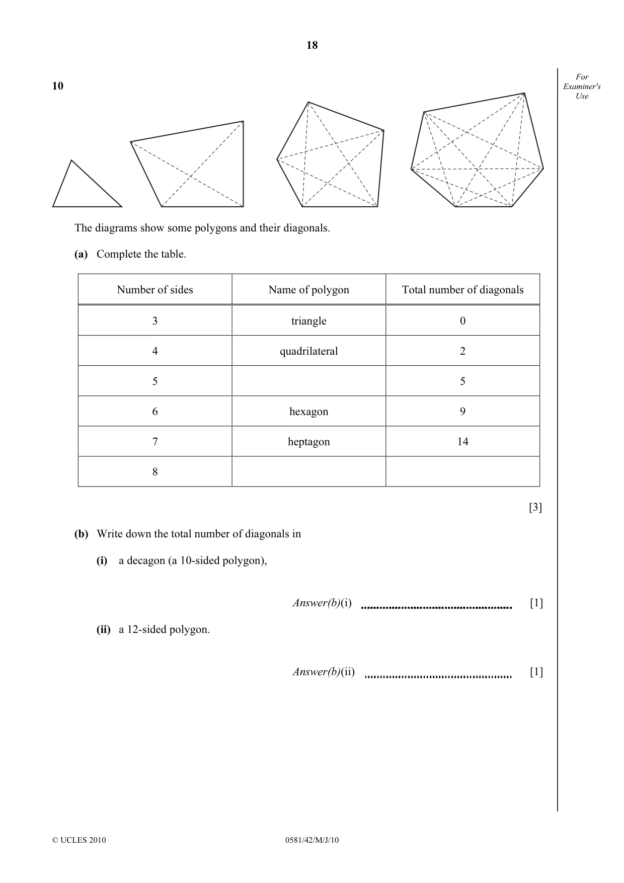 Cambridge IGCSE Mathematics (with coursework) 0581 2010 May/June Paper 4 · Variant 2 question paper, page 18 of 20