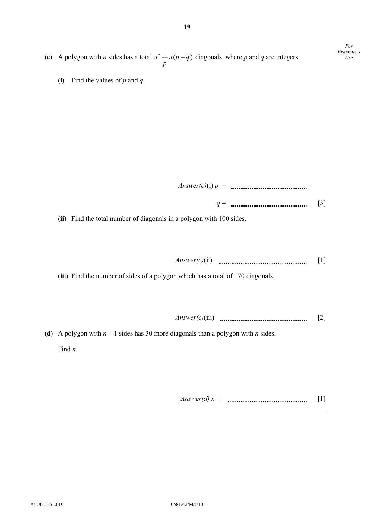 Cambridge IGCSE Mathematics (with coursework) 0581 2010 May/June Paper 4 · Variant 2 question paper, page 19 of 20