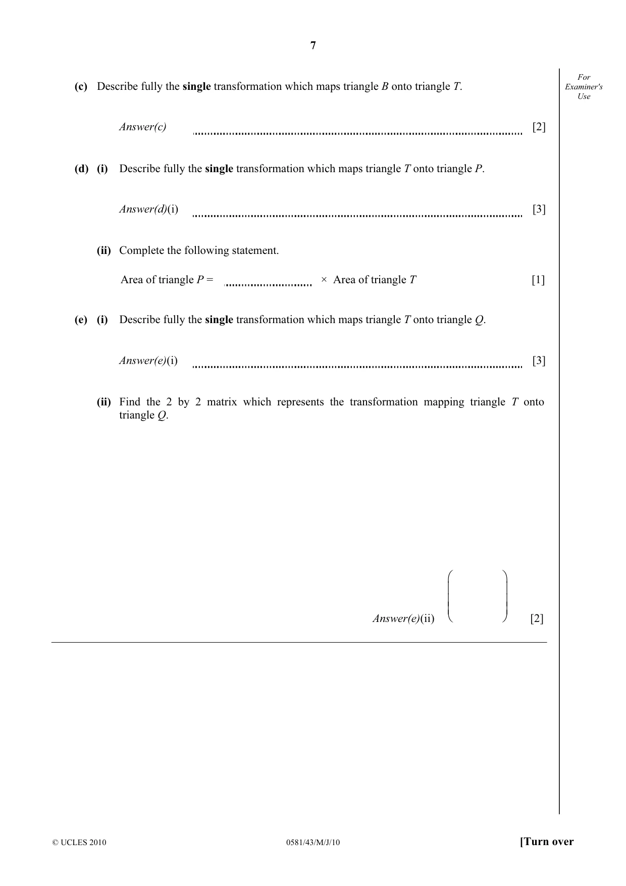 Cambridge IGCSE Mathematics (with coursework) 0581 2010 May/June Paper 4 · Variant 3 question paper, page 7 of 20