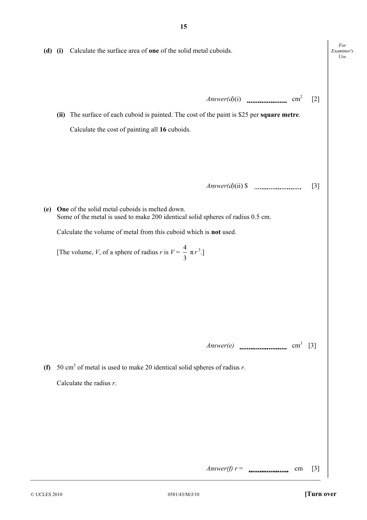 Cambridge IGCSE Mathematics (with coursework) 0581 2010 May/June Paper 4 · Variant 3 question paper, page 15 of 20