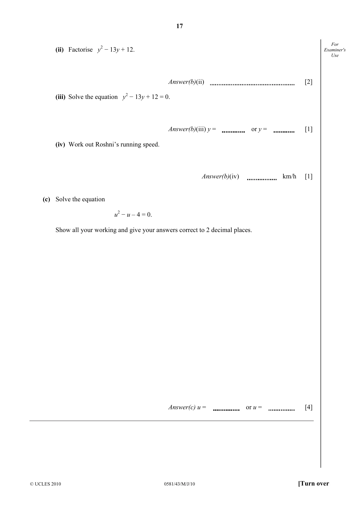 Cambridge IGCSE Mathematics (with coursework) 0581 2010 May/June Paper 4 · Variant 3 question paper, page 17 of 20