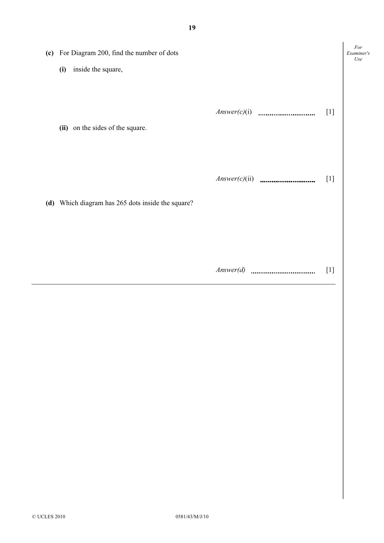 Cambridge IGCSE Mathematics (with coursework) 0581 2010 May/June Paper 4 · Variant 3 question paper, page 19 of 20