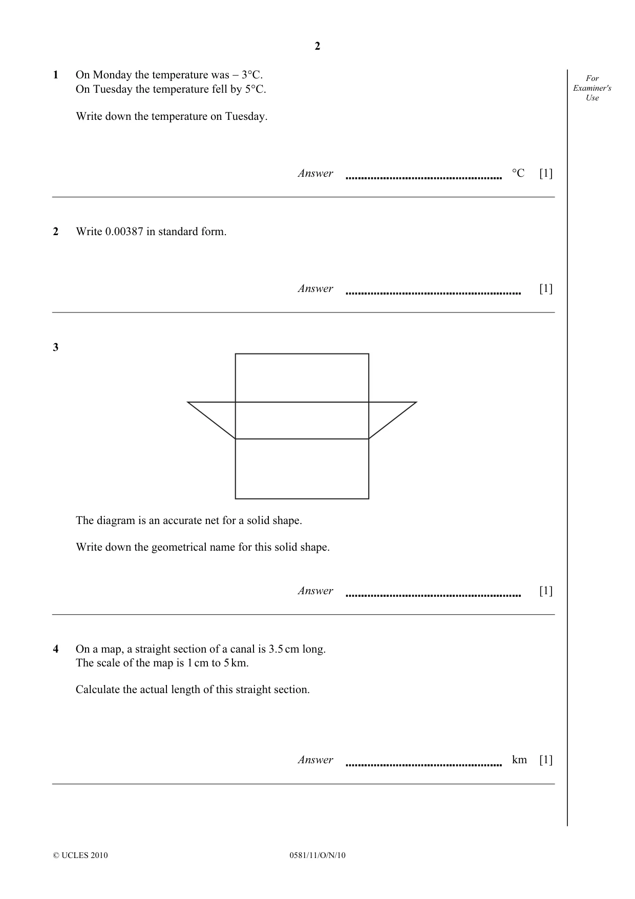 Cambridge IGCSE Mathematics (with coursework) 0581 2010 Oct/Nov Paper 1 · Variant 1 question paper, page 2 of 12