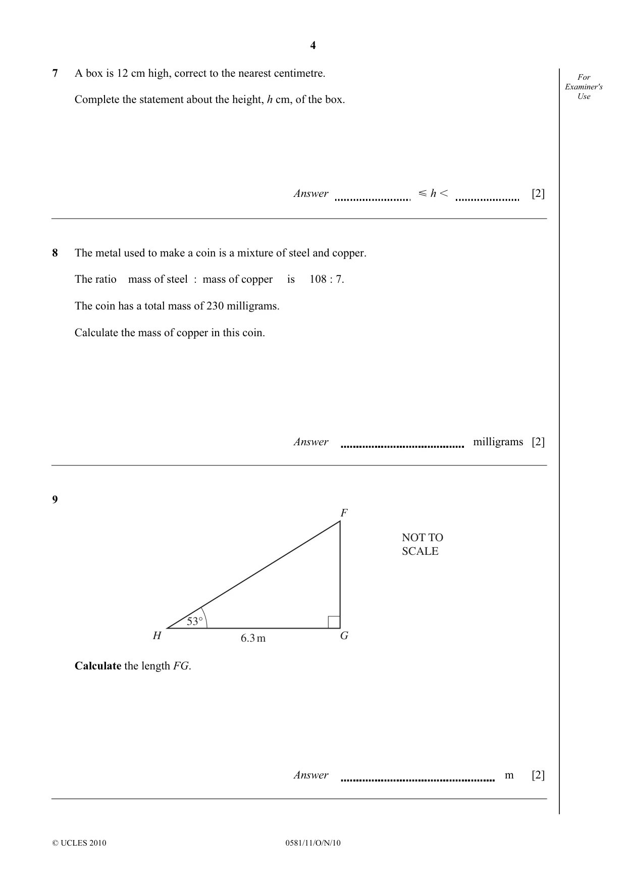 Cambridge IGCSE Mathematics (with coursework) 0581 2010 Oct/Nov Paper 1 · Variant 1 question paper, page 4 of 12