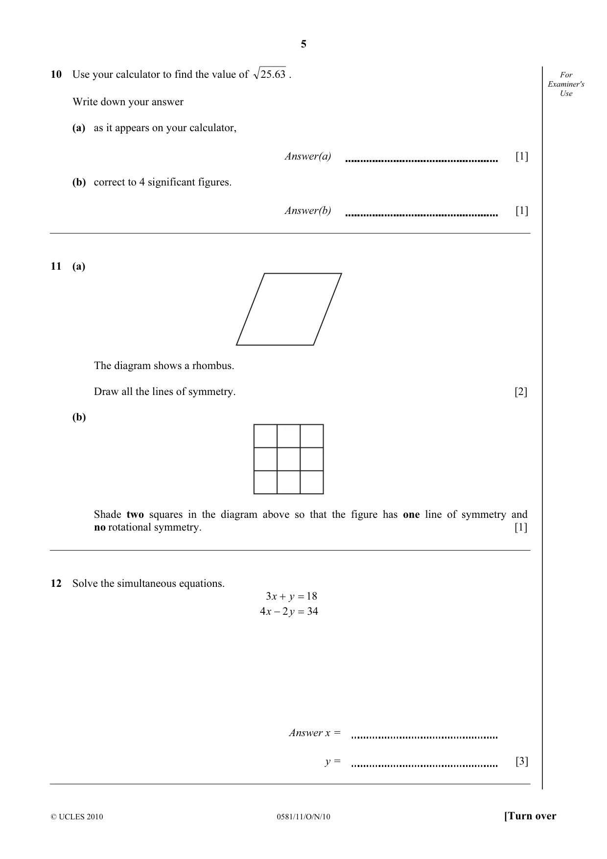 Cambridge IGCSE Mathematics (with coursework) 0581 2010 Oct/Nov Paper 1 · Variant 1 question paper, page 5 of 12
