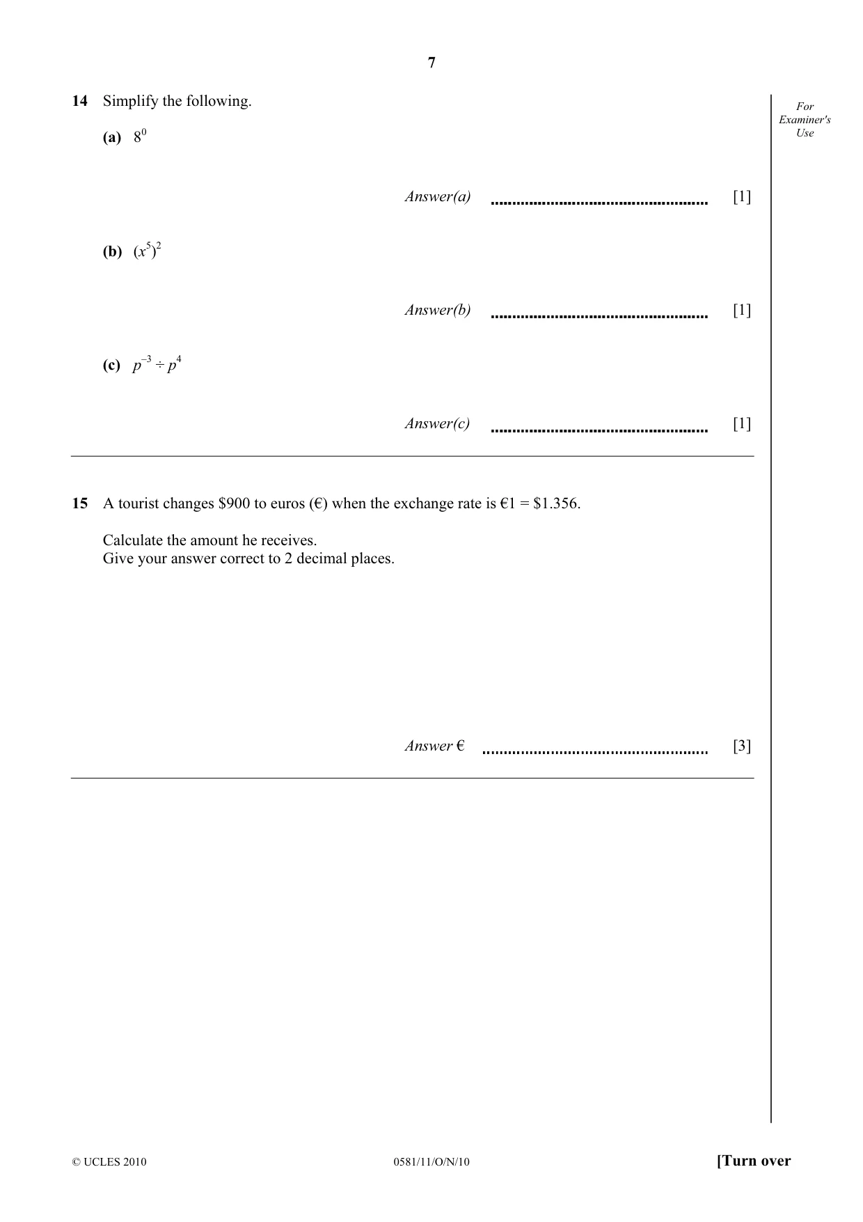 Cambridge IGCSE Mathematics (with coursework) 0581 2010 Oct/Nov Paper 1 · Variant 1 question paper, page 7 of 12