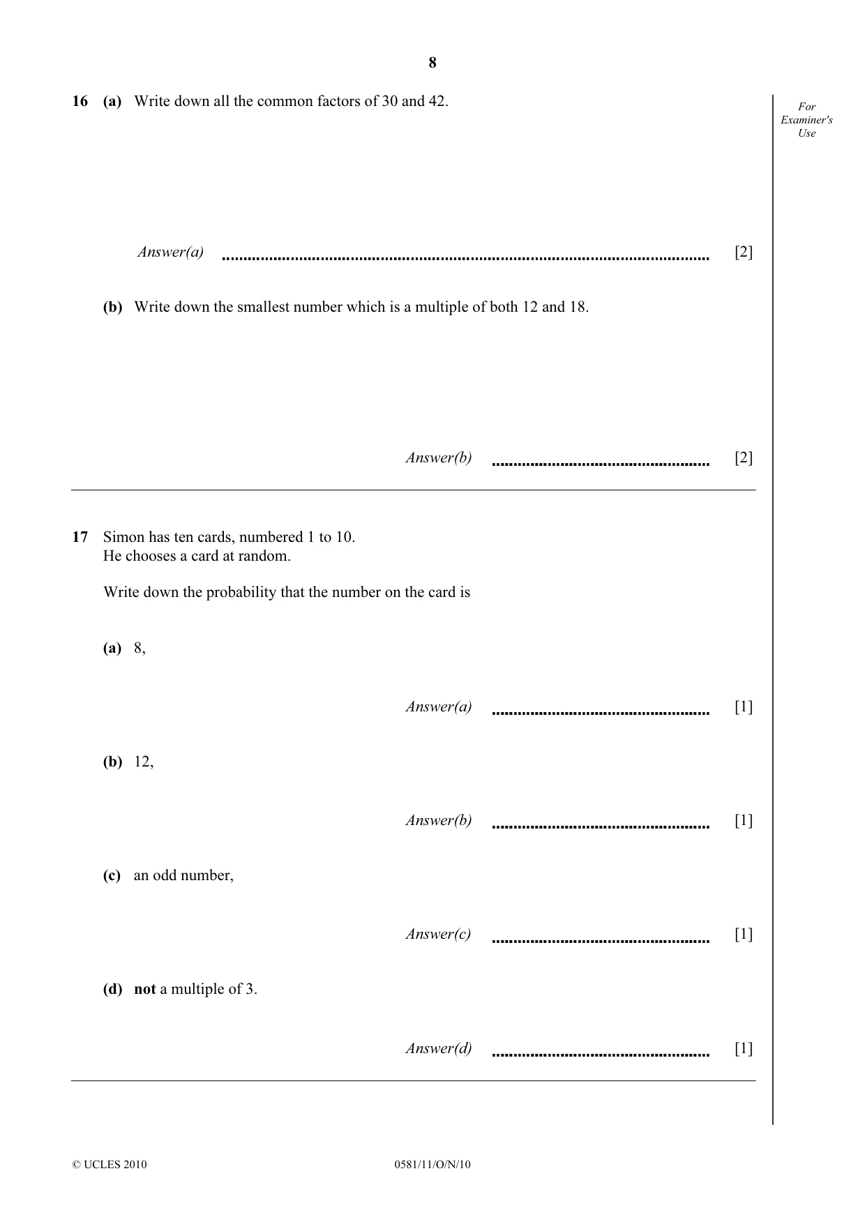Cambridge IGCSE Mathematics (with coursework) 0581 2010 Oct/Nov Paper 1 · Variant 1 question paper, page 8 of 12