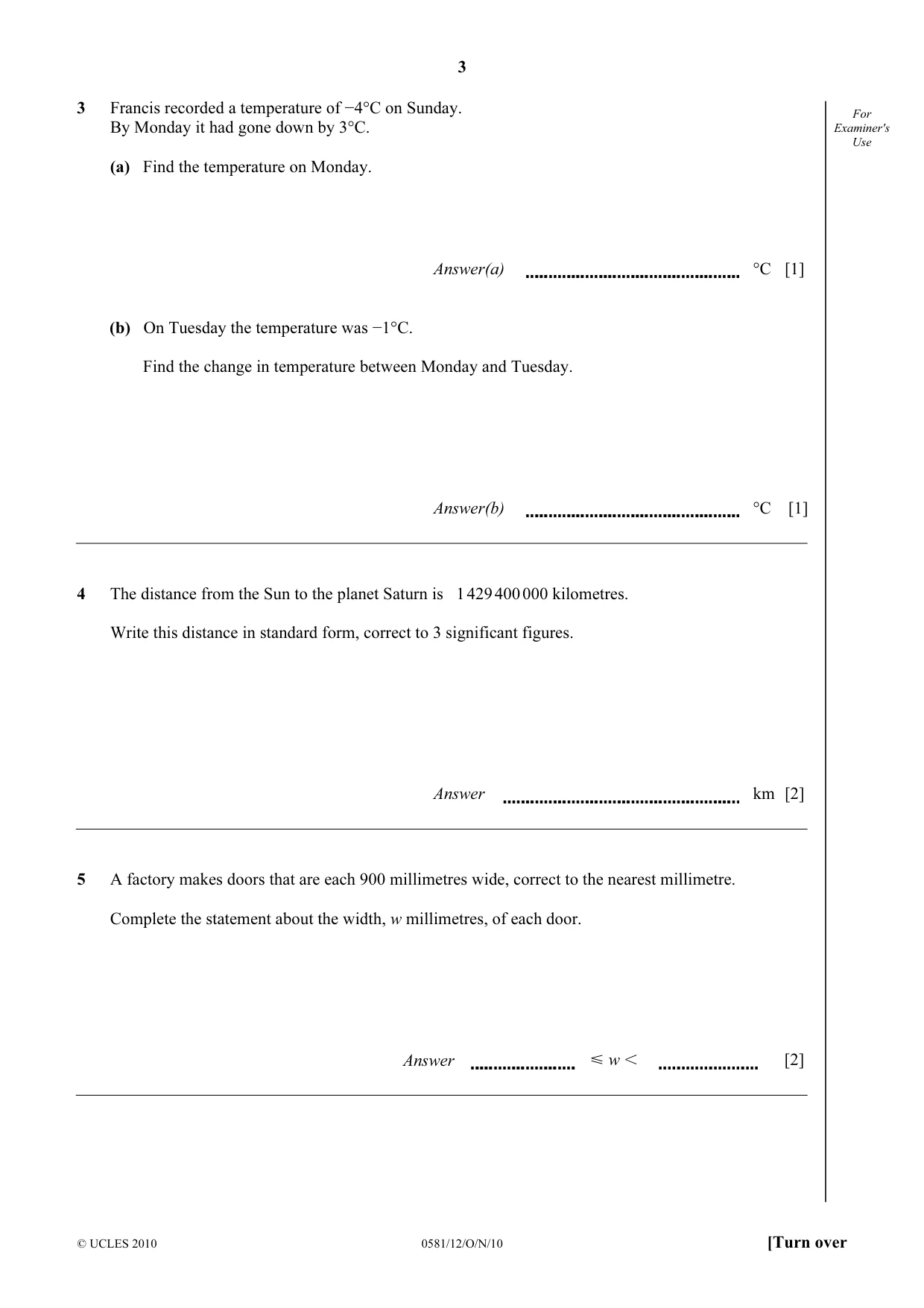 Cambridge IGCSE Mathematics (with coursework) 0581 2010 Oct/Nov Paper 1 · Variant 2 question paper, page 3 of 12