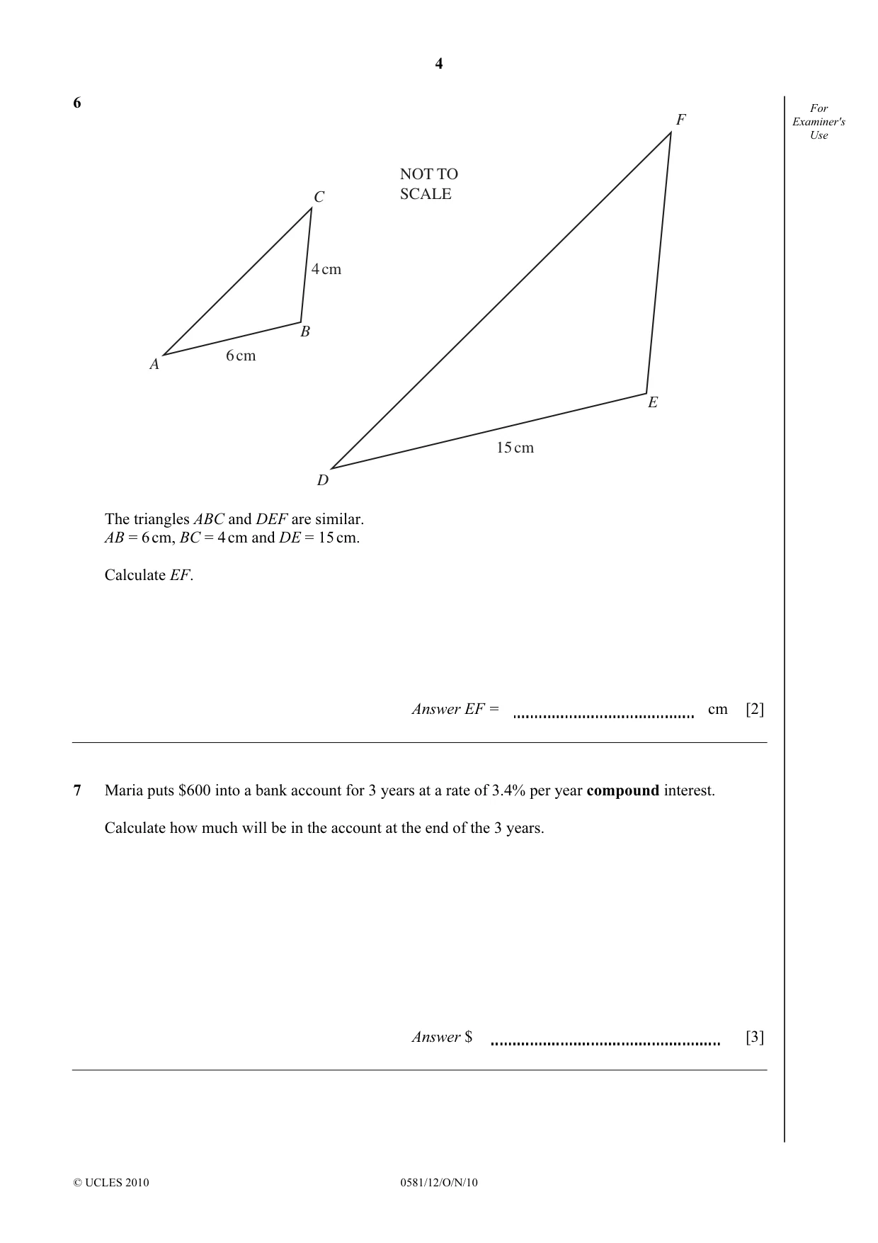 Cambridge IGCSE Mathematics (with coursework) 0581 2010 Oct/Nov Paper 1 · Variant 2 question paper, page 4 of 12