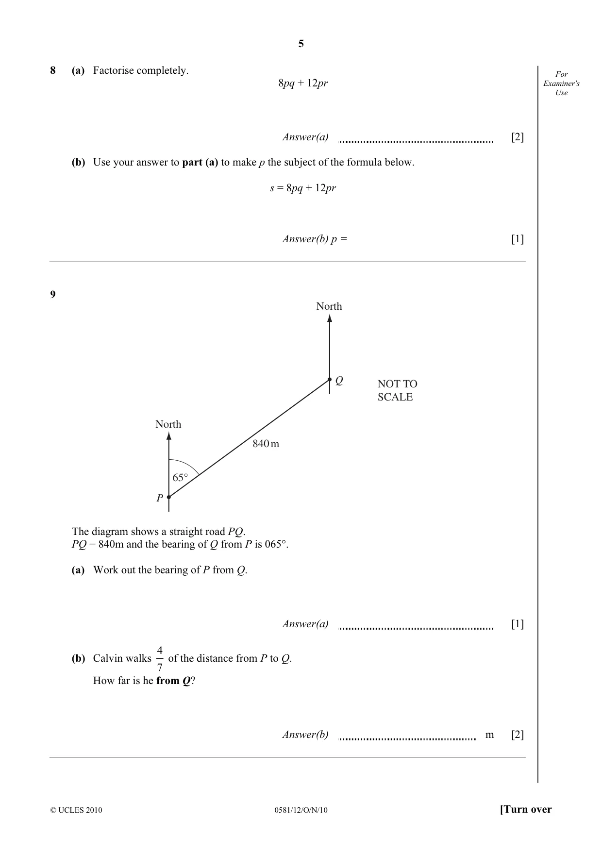 Cambridge IGCSE Mathematics (with coursework) 0581 2010 Oct/Nov Paper 1 · Variant 2 question paper, page 5 of 12