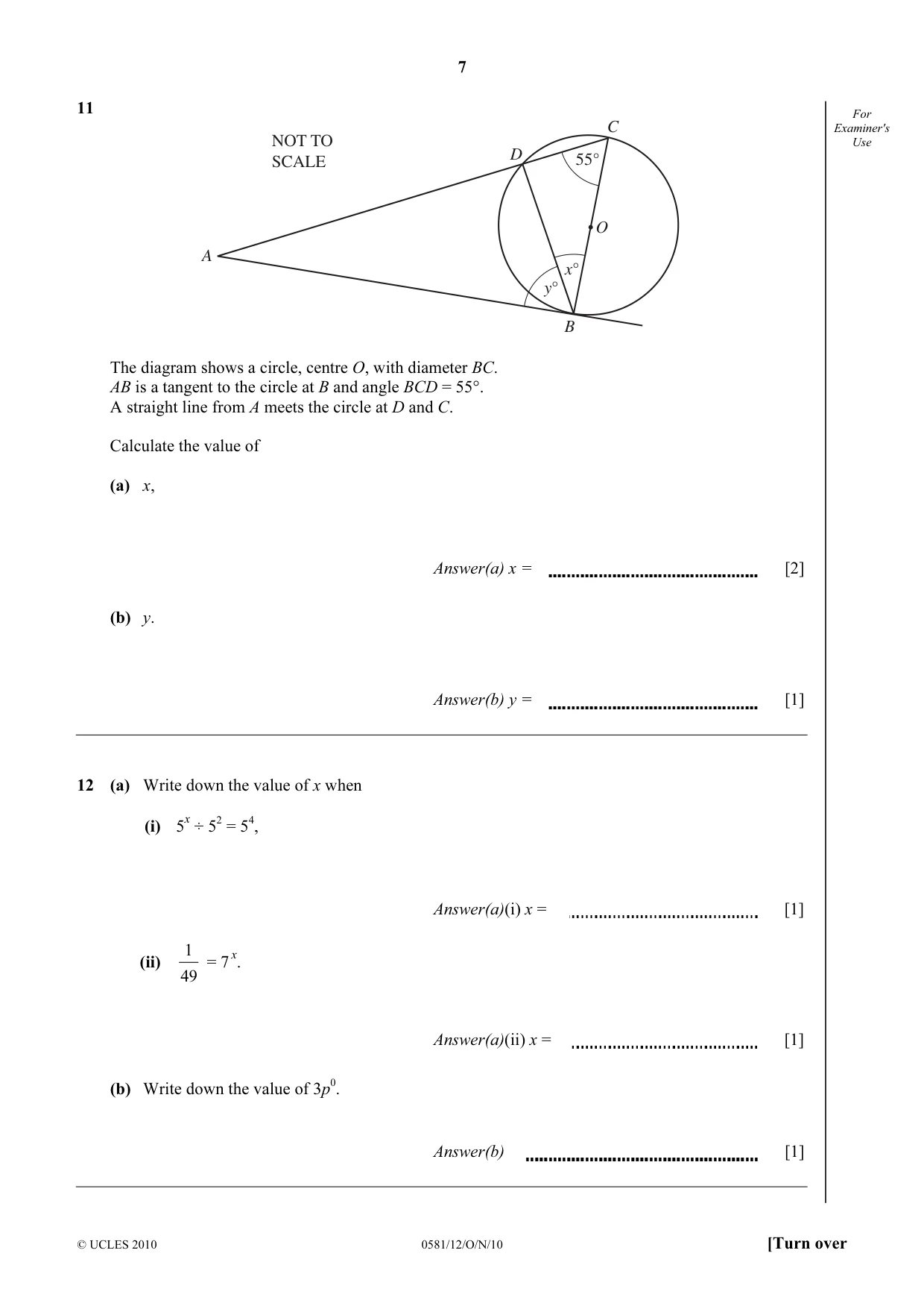 Cambridge IGCSE Mathematics (with coursework) 0581 2010 Oct/Nov Paper 1 · Variant 2 question paper, page 7 of 12