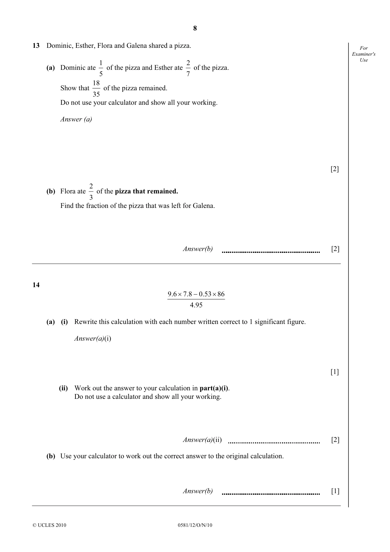 Cambridge IGCSE Mathematics (with coursework) 0581 2010 Oct/Nov Paper 1 · Variant 2 question paper, page 8 of 12