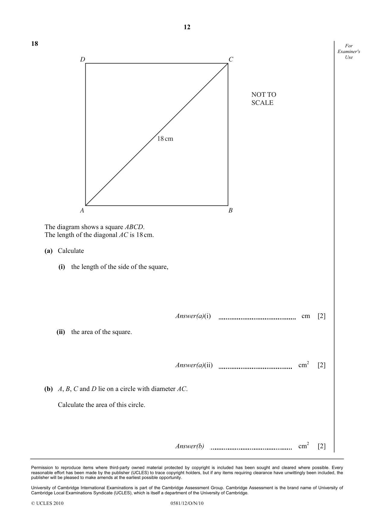 Cambridge IGCSE Mathematics (with coursework) 0581 2010 Oct/Nov Paper 1 · Variant 2 question paper, page 12 of 12