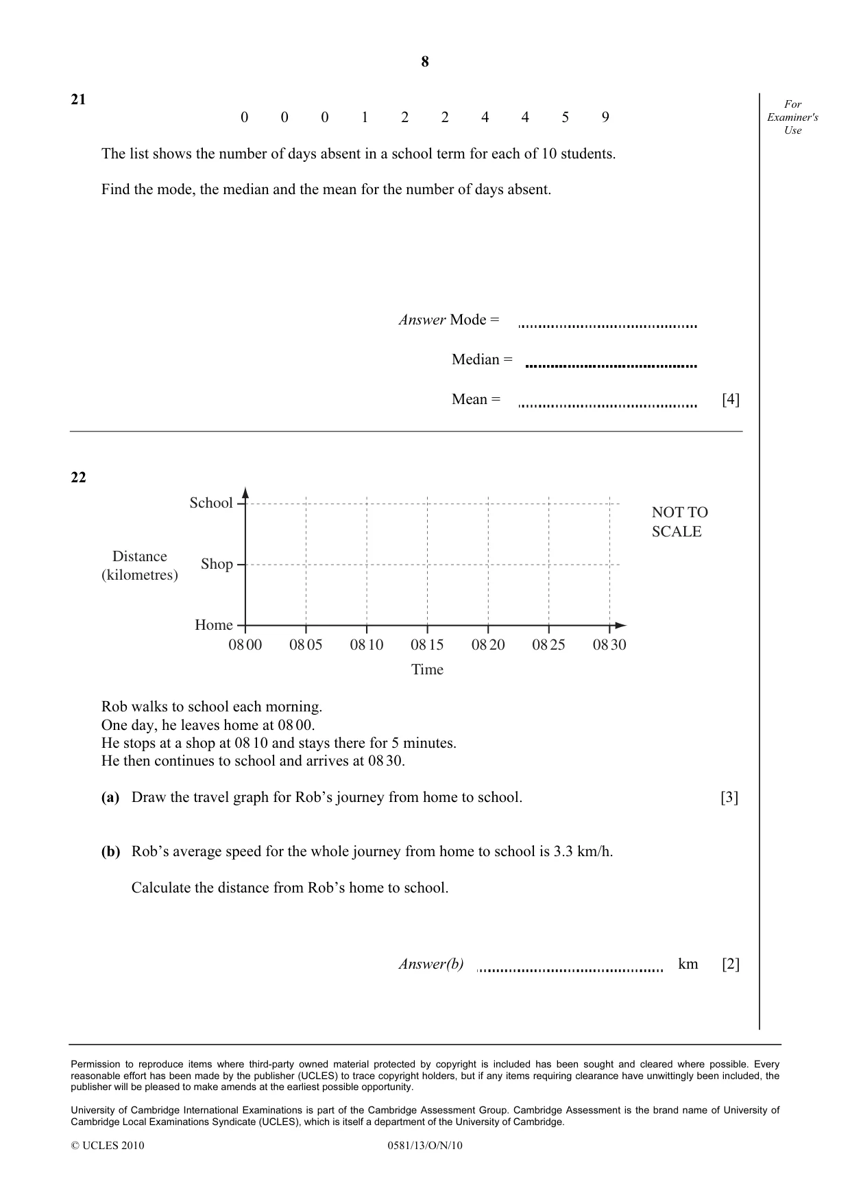 Cambridge IGCSE Mathematics (with coursework) 0581 2010 Oct/Nov Paper 1 · Variant 3 question paper, page 8 of 8