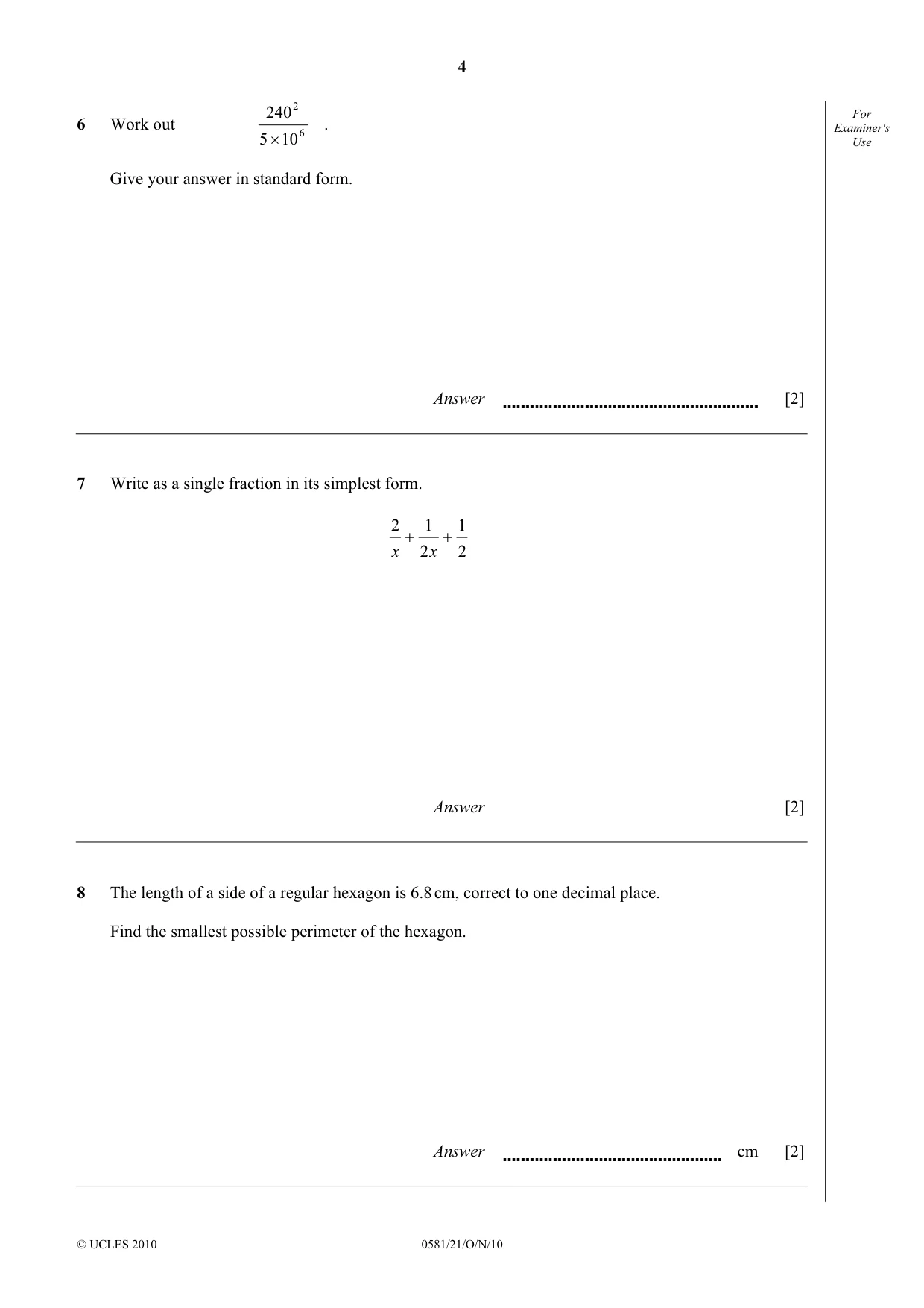 Cambridge IGCSE Mathematics (with coursework) 0581 2010 Oct/Nov Paper 2 · Variant 1 question paper, page 4 of 12