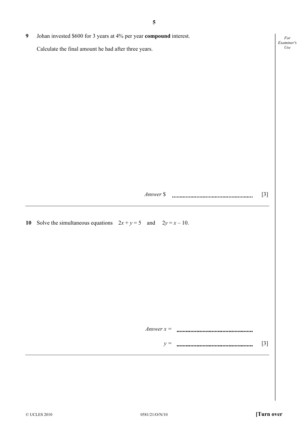 Cambridge IGCSE Mathematics (with coursework) 0581 2010 Oct/Nov Paper 2 · Variant 1 question paper, page 5 of 12