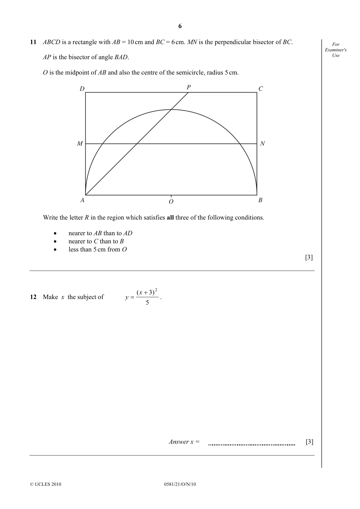 Cambridge IGCSE Mathematics (with coursework) 0581 2010 Oct/Nov Paper 2 · Variant 1 question paper, page 6 of 12