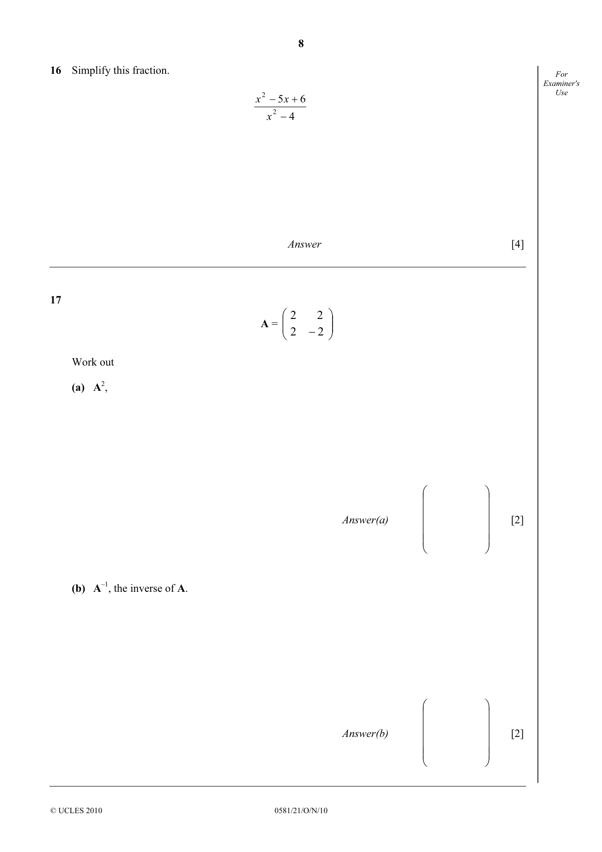 Cambridge IGCSE Mathematics (with coursework) 0581 2010 Oct/Nov Paper 2 · Variant 1 question paper, page 8 of 12