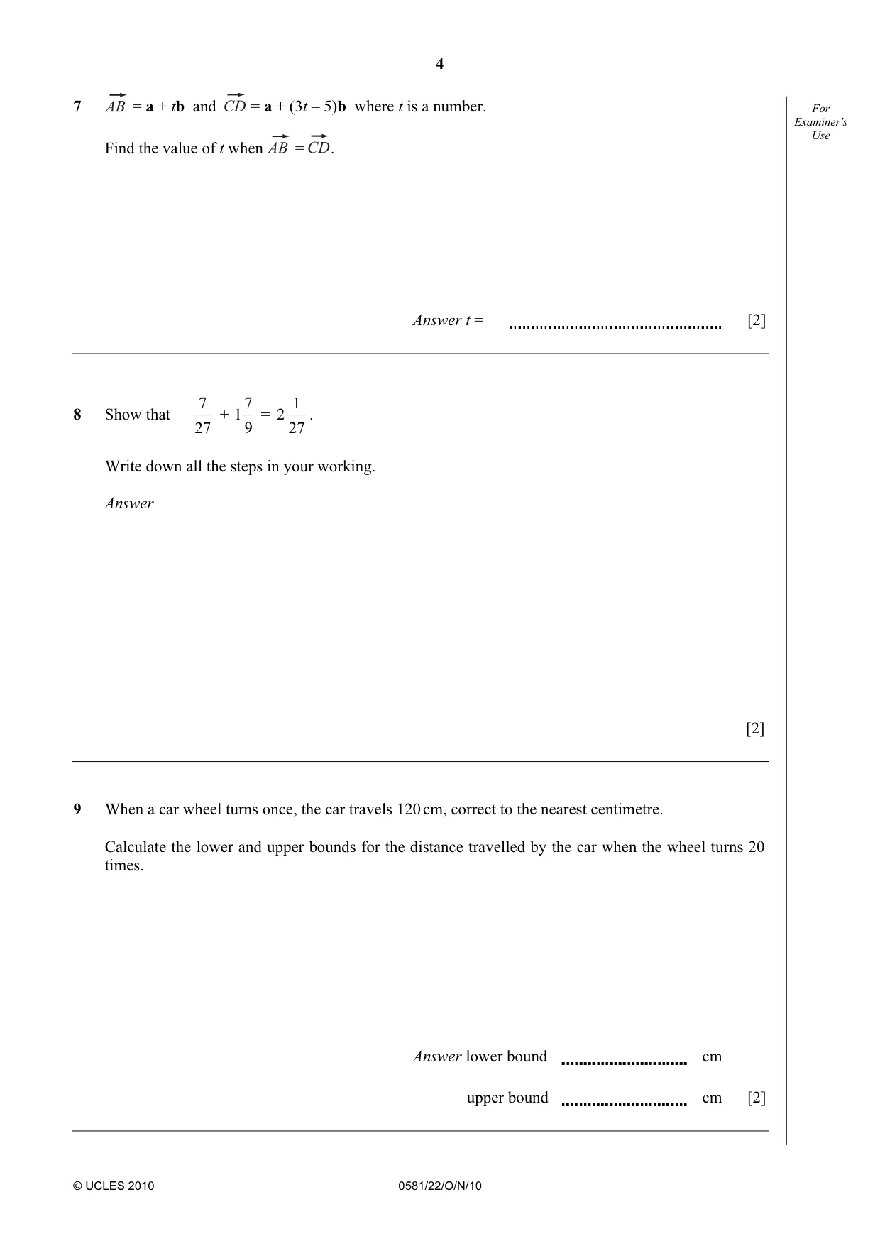 Cambridge IGCSE Mathematics (with coursework) 0581 2010 Oct/Nov Paper 2 · Variant 2 question paper, page 4 of 12