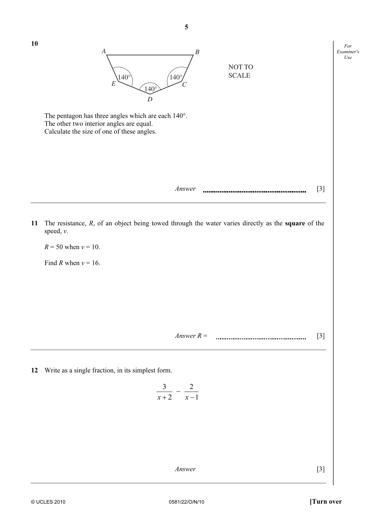 Cambridge IGCSE Mathematics (with coursework) 0581 2010 Oct/Nov Paper 2 · Variant 2 question paper, page 5 of 12