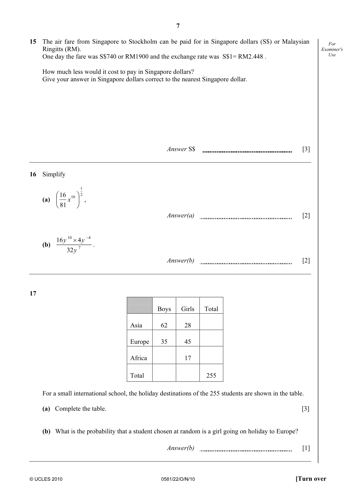 Cambridge IGCSE Mathematics (with coursework) 0581 2010 Oct/Nov Paper 2 · Variant 2 question paper, page 7 of 12