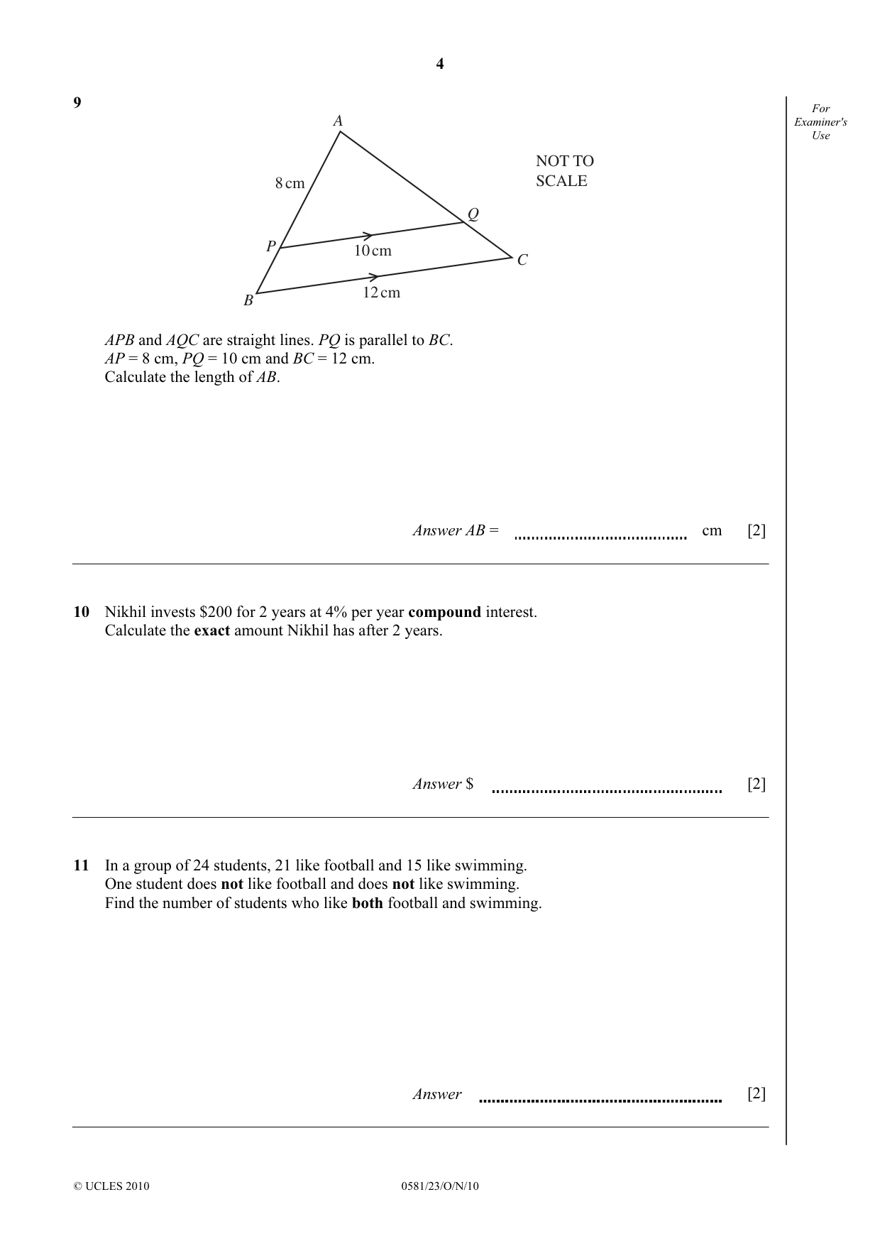 Cambridge IGCSE Mathematics (with coursework) 0581 2010 Oct/Nov Paper 2 · Variant 3 question paper, page 4 of 12