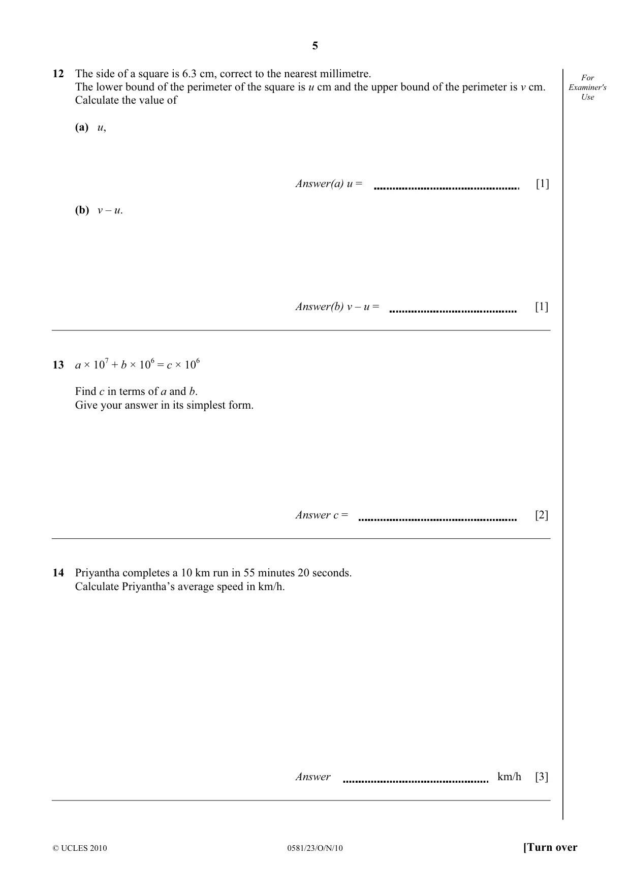Cambridge IGCSE Mathematics (with coursework) 0581 2010 Oct/Nov Paper 2 · Variant 3 question paper, page 5 of 12
