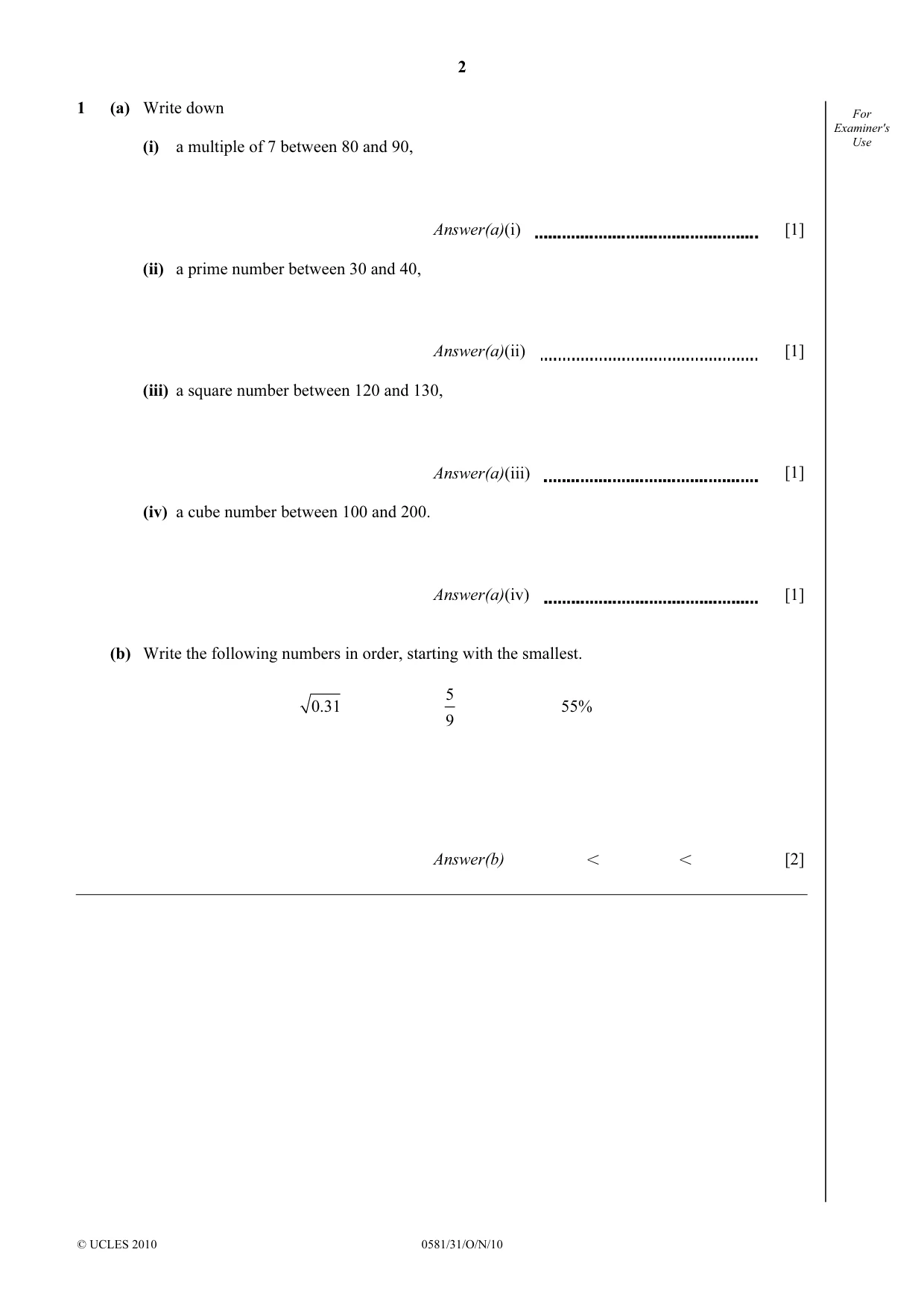 Cambridge IGCSE Mathematics (with coursework) 0581 2010 Oct/Nov Paper 3 · Variant 1 question paper, page 2 of 16