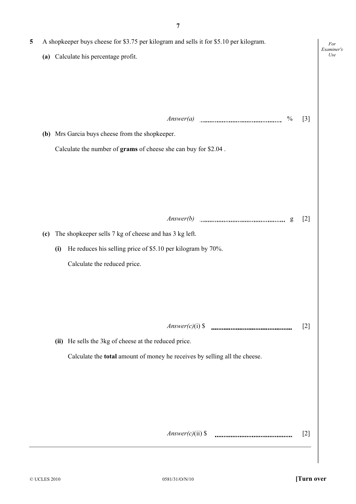 Cambridge IGCSE Mathematics (with coursework) 0581 2010 Oct/Nov Paper 3 · Variant 1 question paper, page 7 of 16