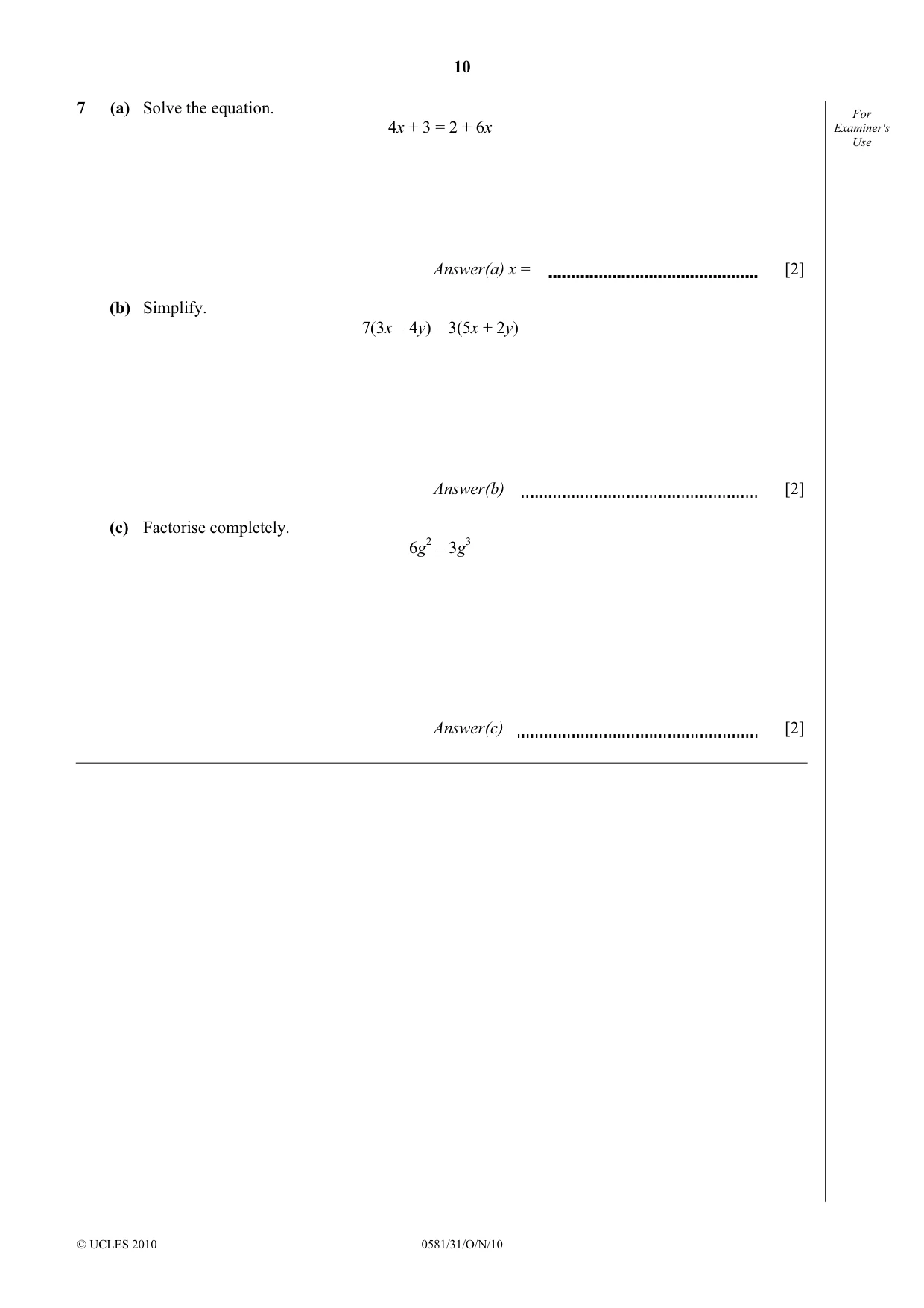 Cambridge IGCSE Mathematics (with coursework) 0581 2010 Oct/Nov Paper 3 · Variant 1 question paper, page 10 of 16