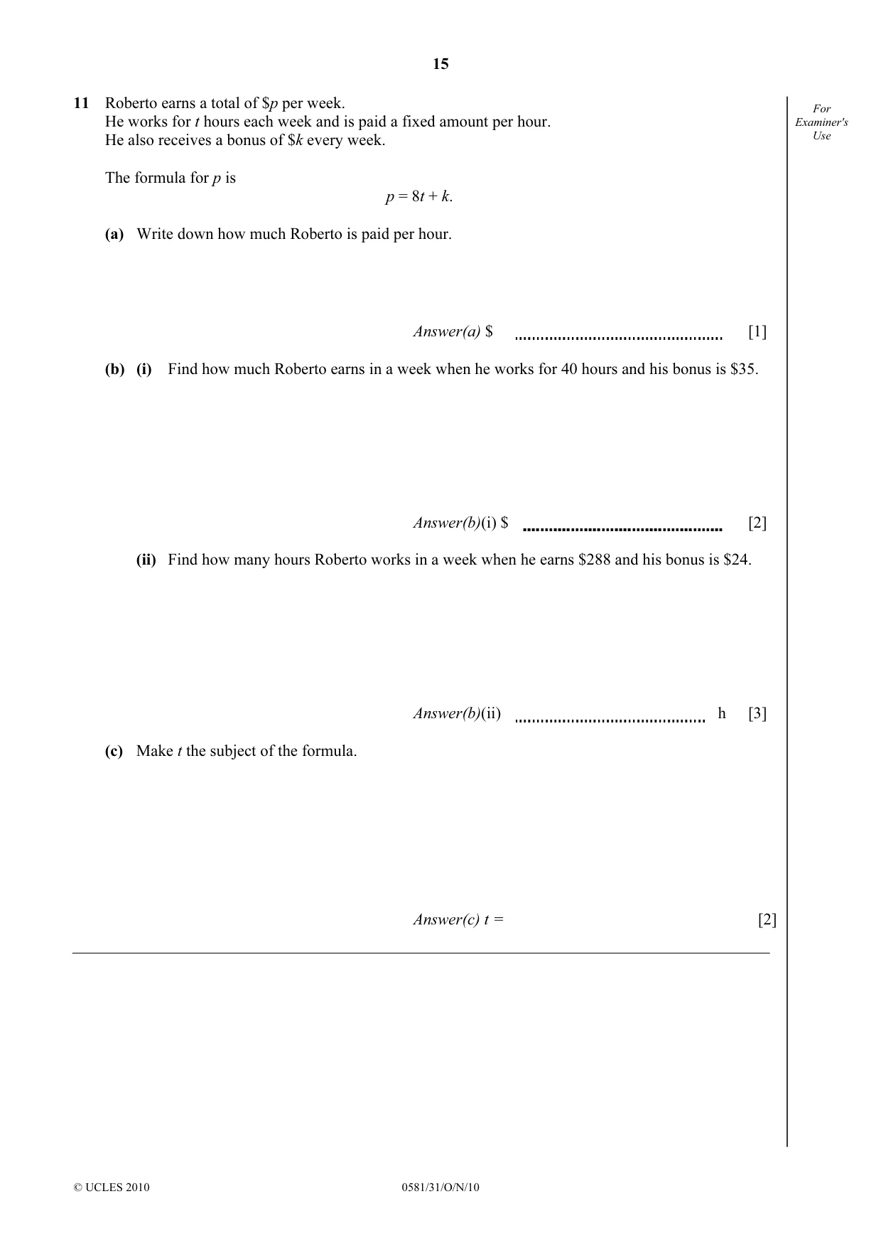 Cambridge IGCSE Mathematics (with coursework) 0581 2010 Oct/Nov Paper 3 · Variant 1 question paper, page 15 of 16