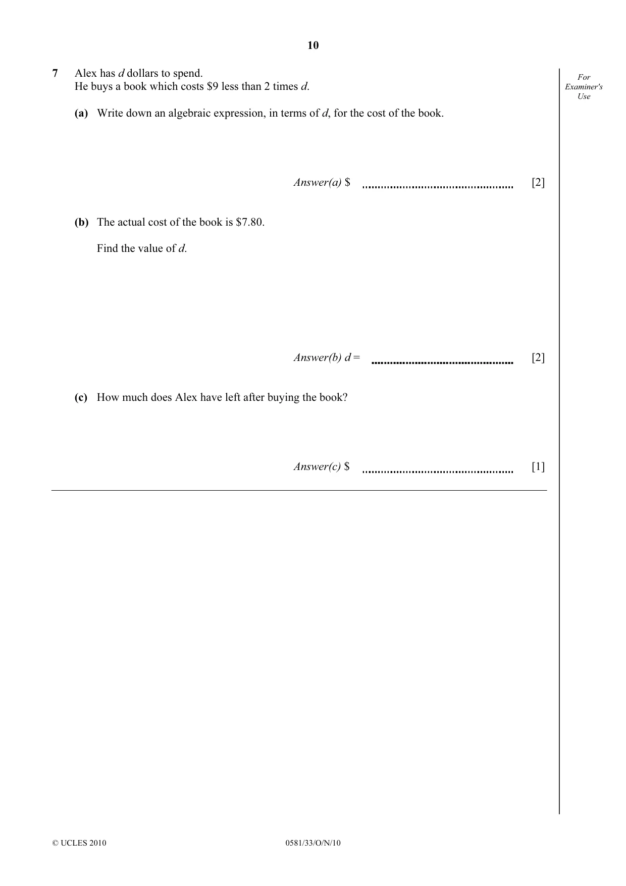 Cambridge IGCSE Mathematics (with coursework) 0581 2010 Oct/Nov Paper 3 · Variant 3 question paper, page 10 of 16