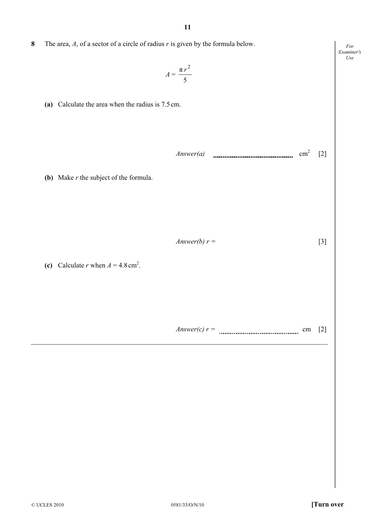 Cambridge IGCSE Mathematics (with coursework) 0581 2010 Oct/Nov Paper 3 · Variant 3 question paper, page 11 of 16