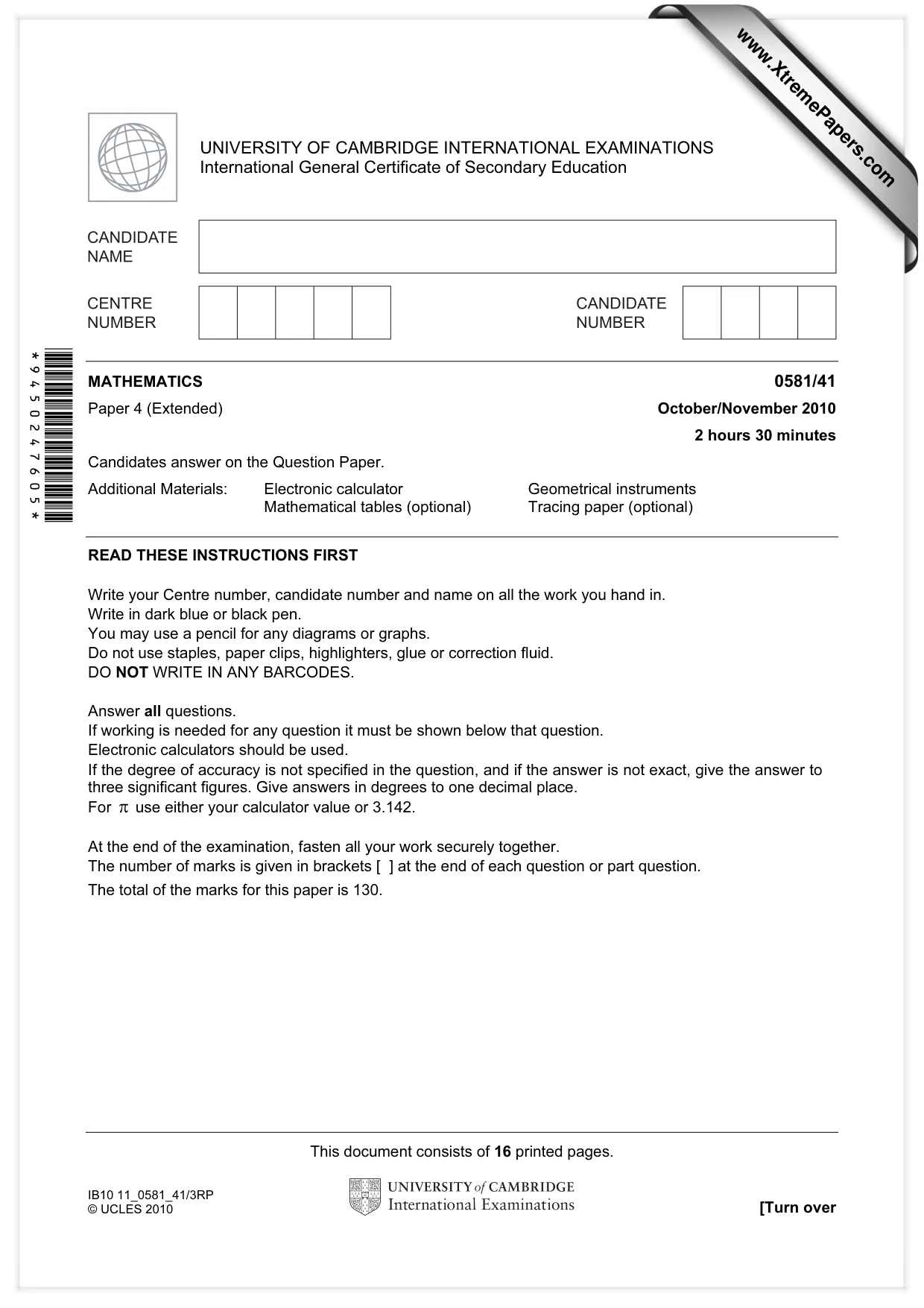 Cambridge IGCSE Mathematics (with coursework) 0581 2010 Oct/Nov Paper 4 · Variant 1 question paper, page 1 of 16