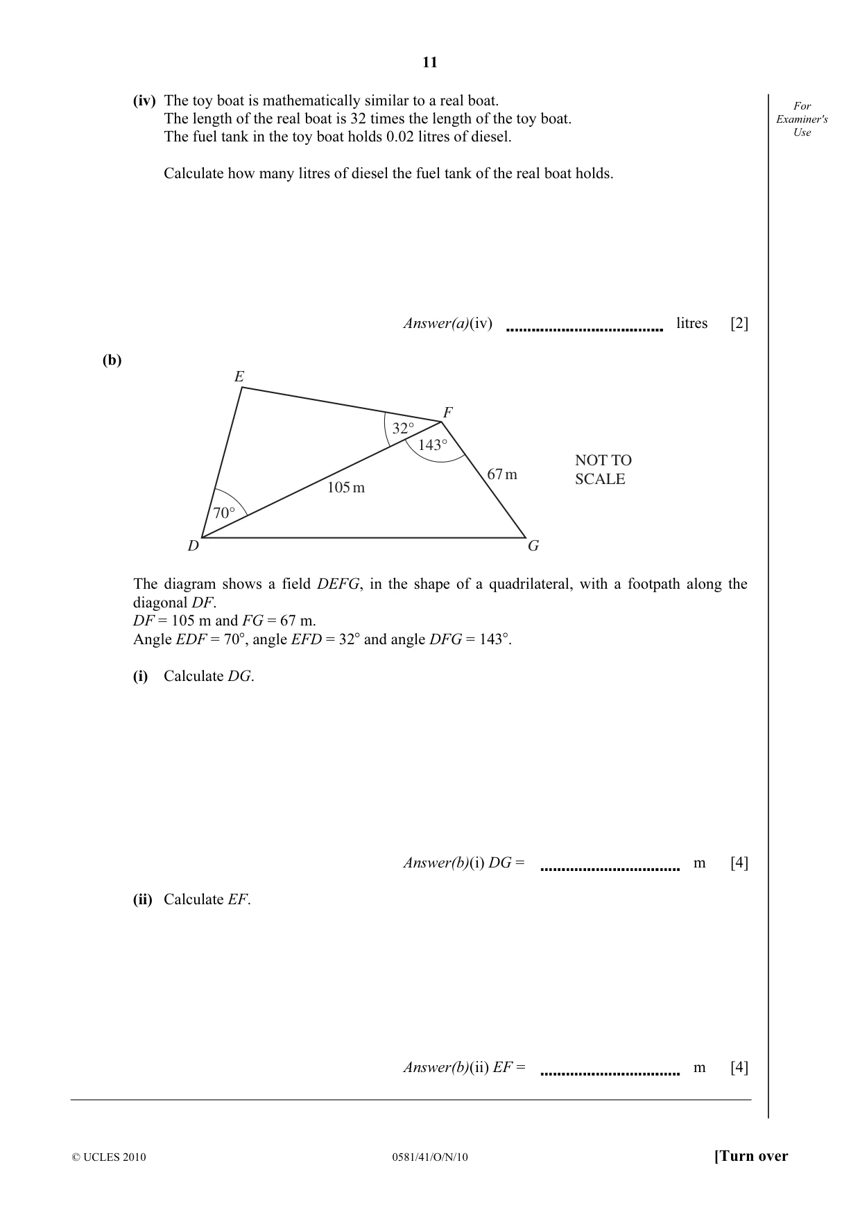 Cambridge IGCSE Mathematics (with coursework) 0581 2010 Oct/Nov Paper 4 · Variant 1 question paper, page 11 of 16