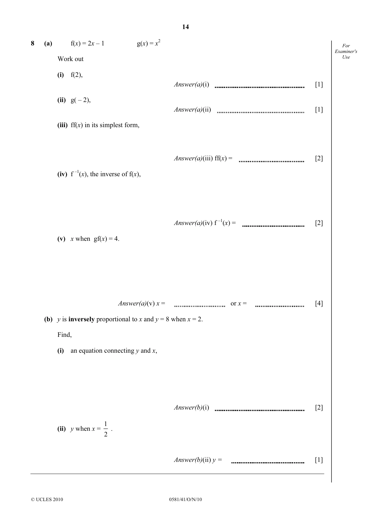Cambridge IGCSE Mathematics (with coursework) 0581 2010 Oct/Nov Paper 4 · Variant 1 question paper, page 14 of 16