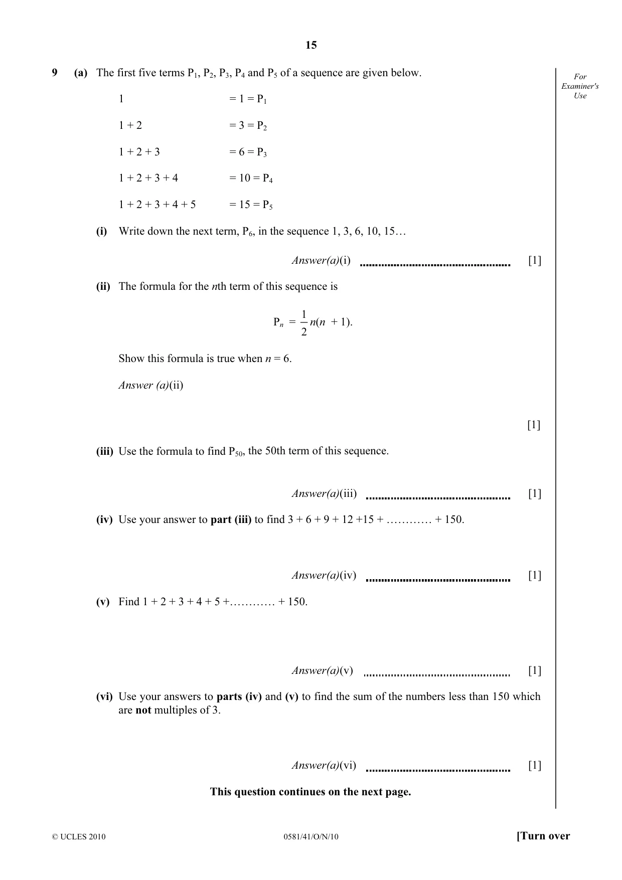 Cambridge IGCSE Mathematics (with coursework) 0581 2010 Oct/Nov Paper 4 · Variant 1 question paper, page 15 of 16