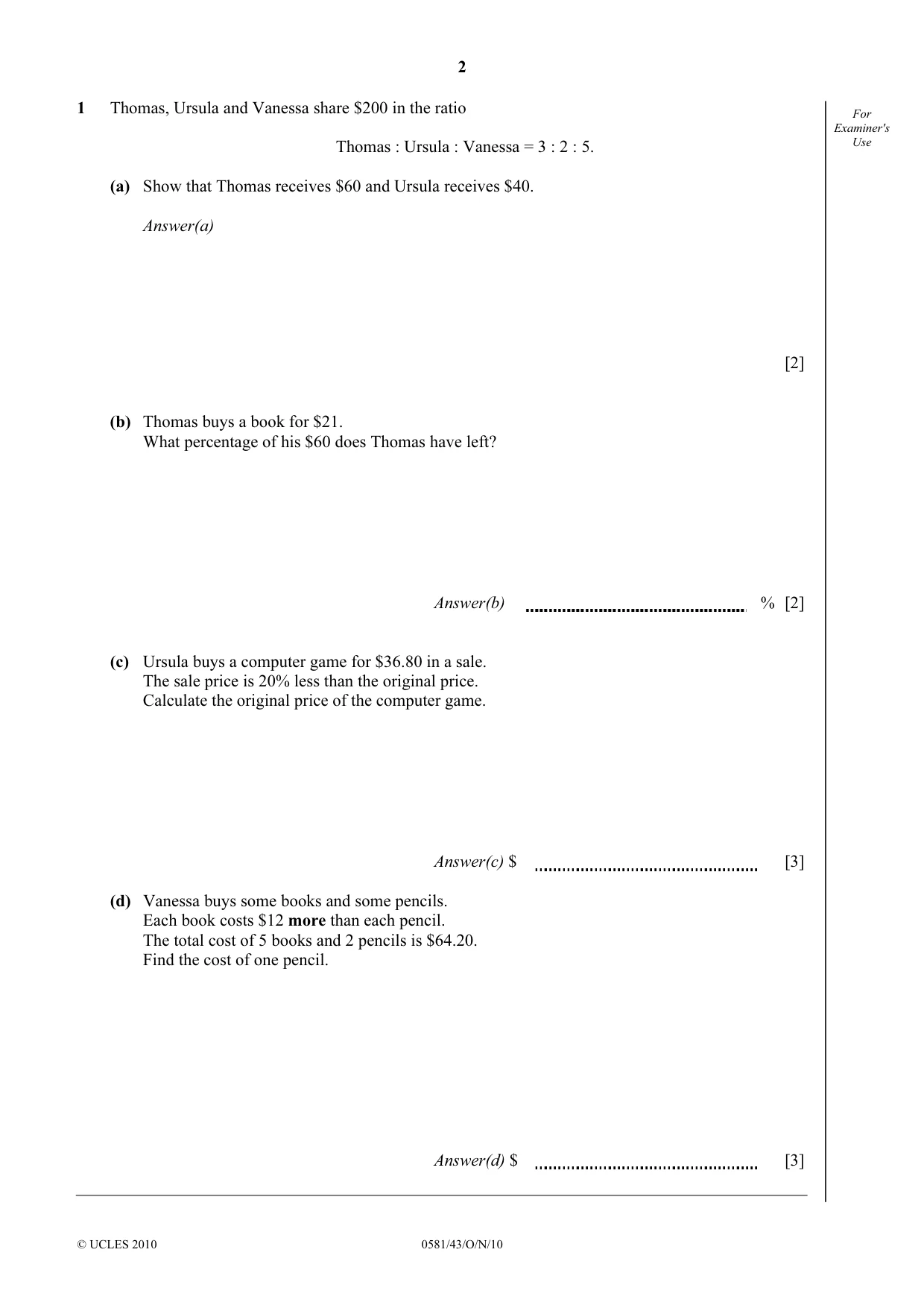 Cambridge IGCSE Mathematics (with coursework) 0581 2010 Oct/Nov Paper 4 · Variant 3 question paper, page 2 of 20