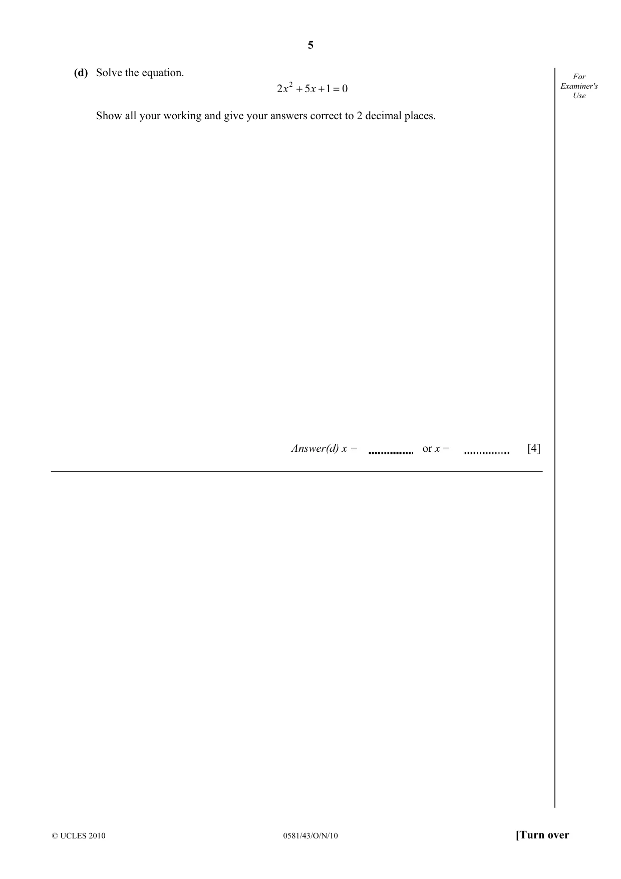 Cambridge IGCSE Mathematics (with coursework) 0581 2010 Oct/Nov Paper 4 · Variant 3 question paper, page 5 of 20