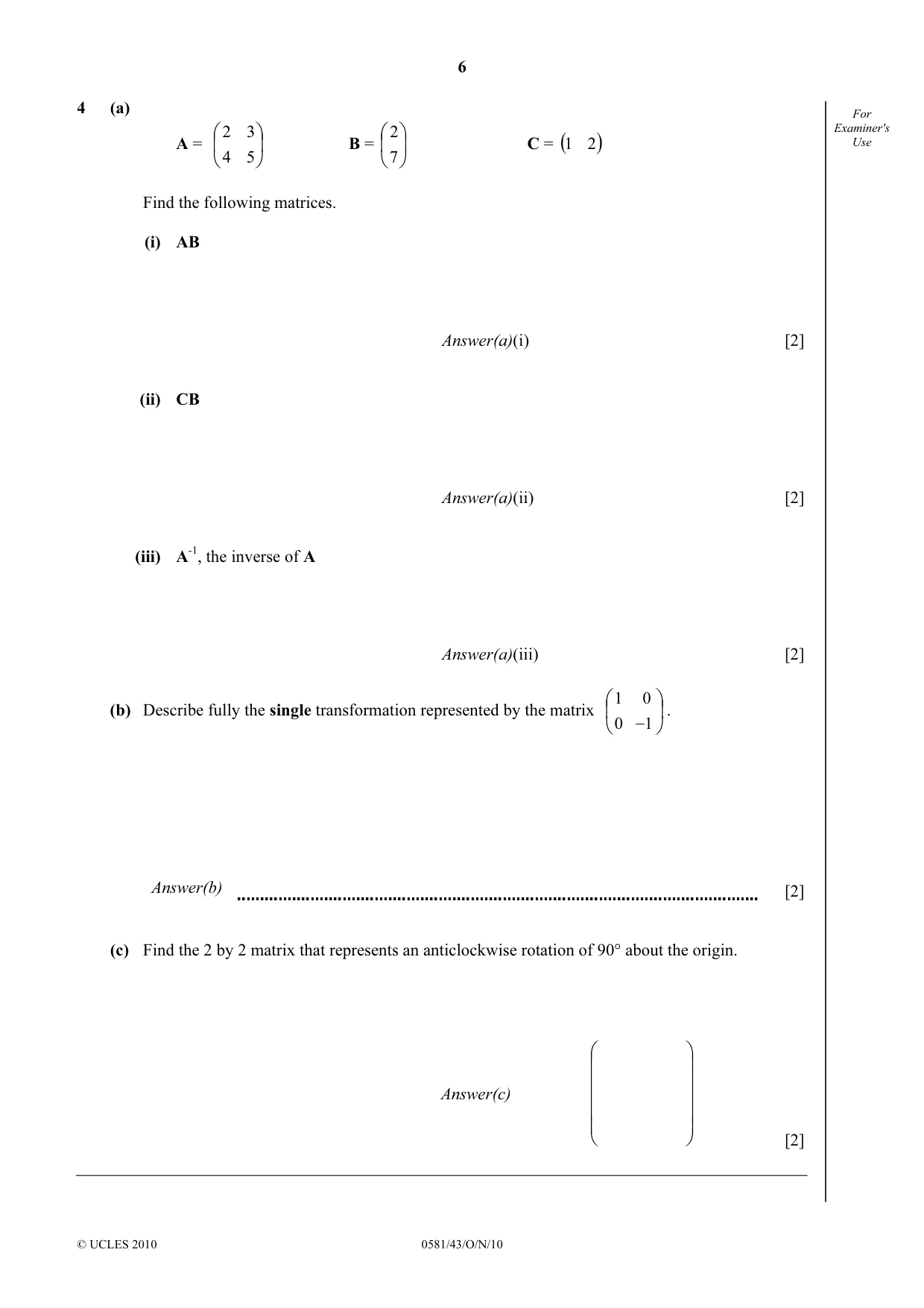 Cambridge IGCSE Mathematics (with coursework) 0581 2010 Oct/Nov Paper 4 · Variant 3 question paper, page 6 of 20