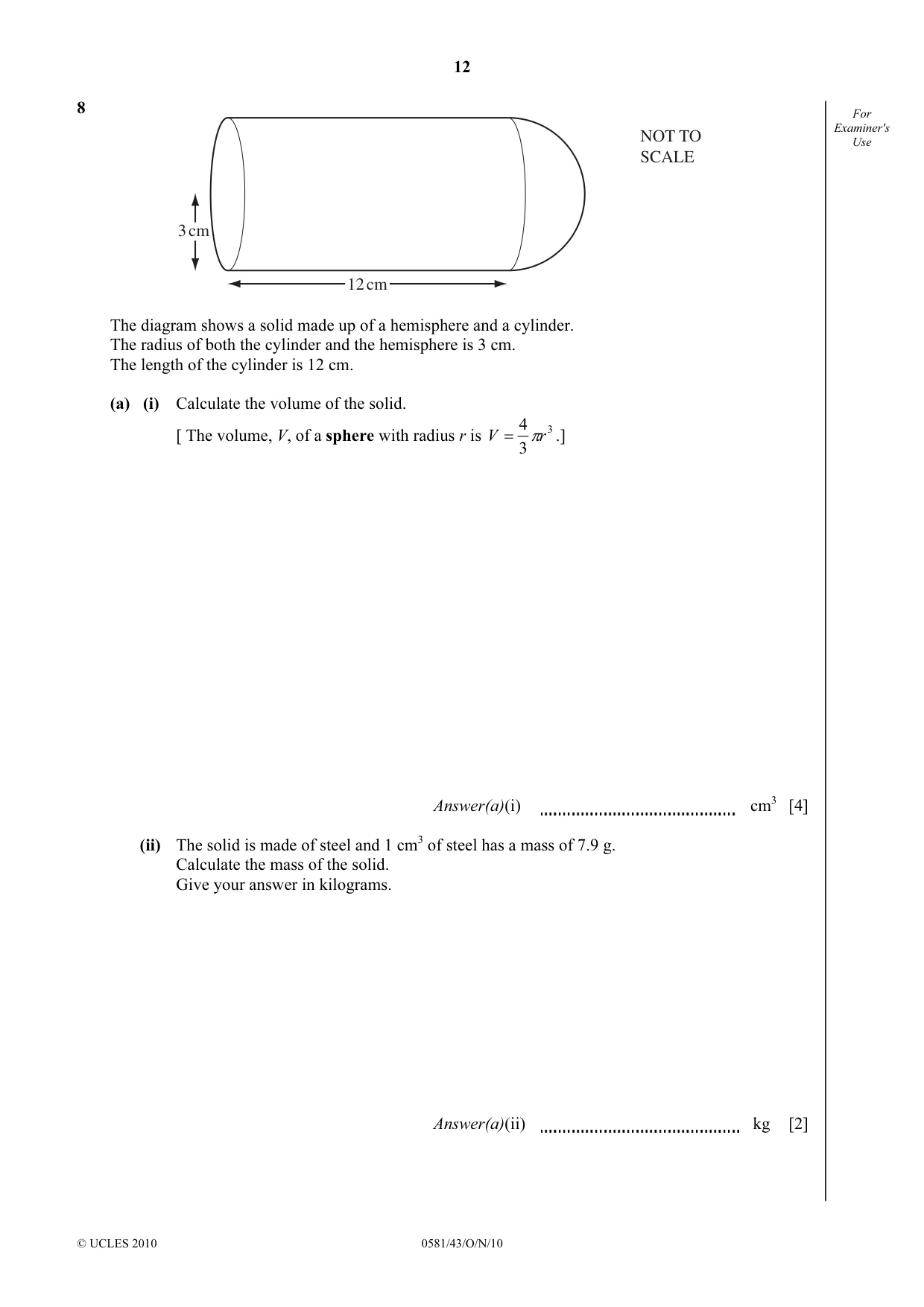 Cambridge IGCSE Mathematics (with coursework) 0581 2010 Oct/Nov Paper 4 · Variant 3 question paper, page 12 of 20