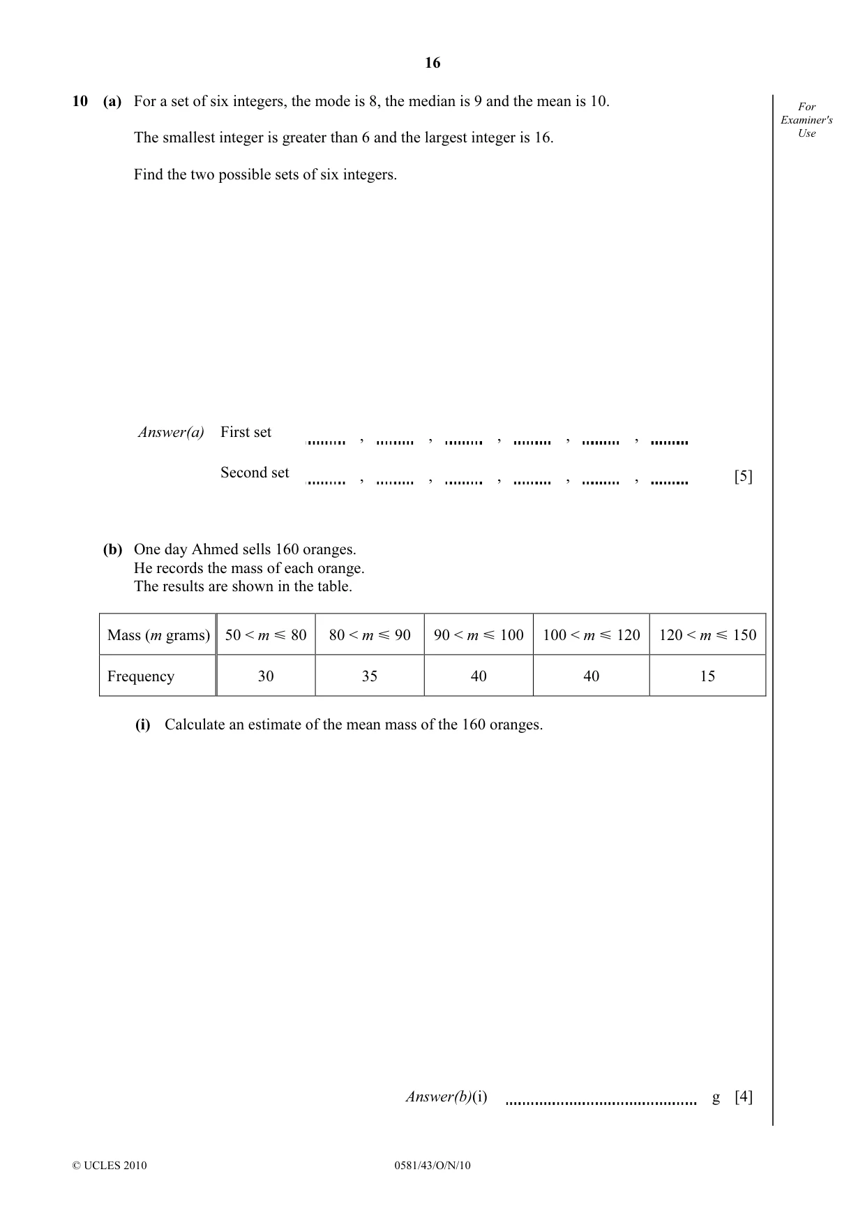 Cambridge IGCSE Mathematics (with coursework) 0581 2010 Oct/Nov Paper 4 · Variant 3 question paper, page 16 of 20