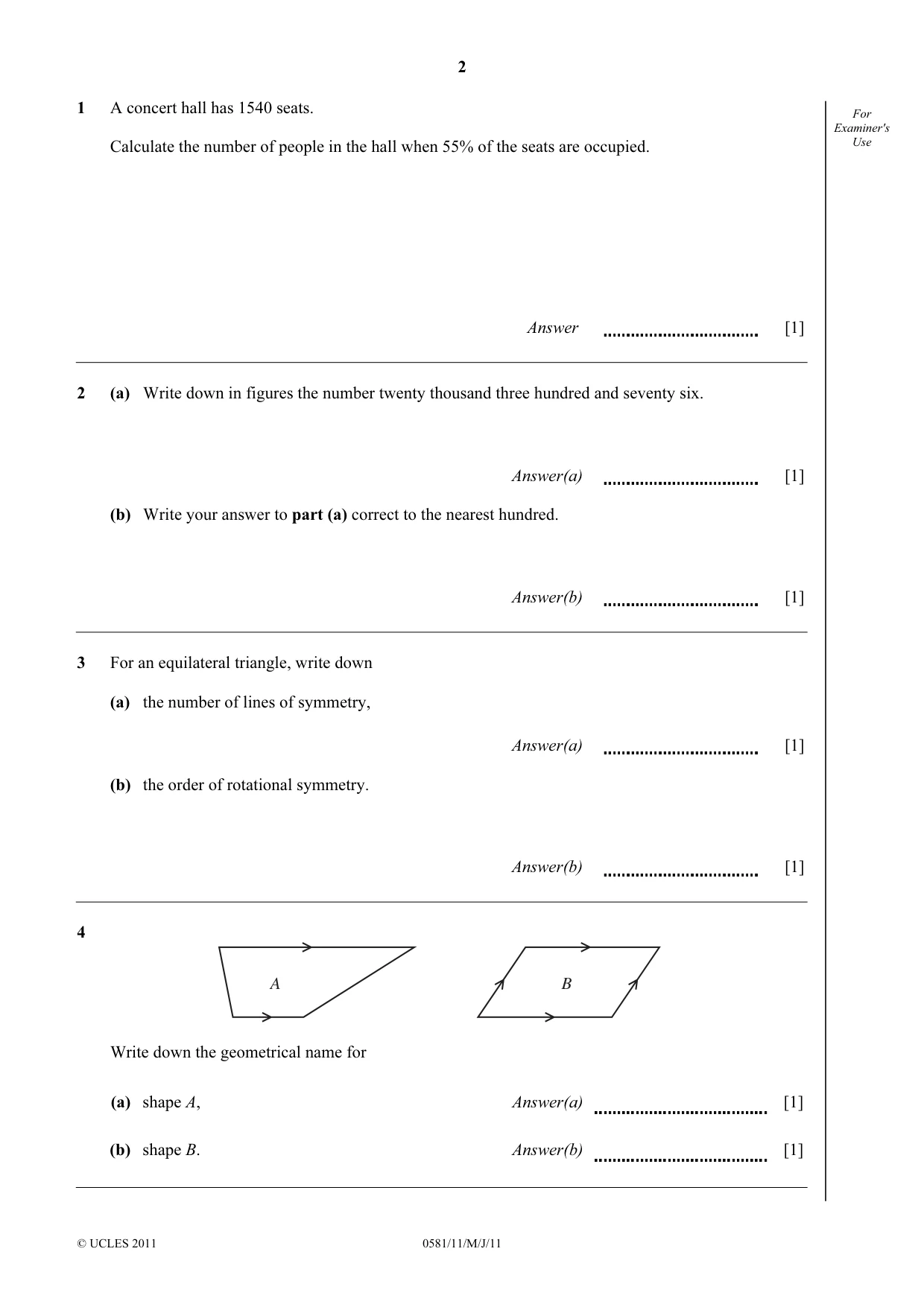 Cambridge IGCSE Mathematics (with coursework) 0581 2011 May/June Paper 1 · Variant 1 question paper, page 2 of 12