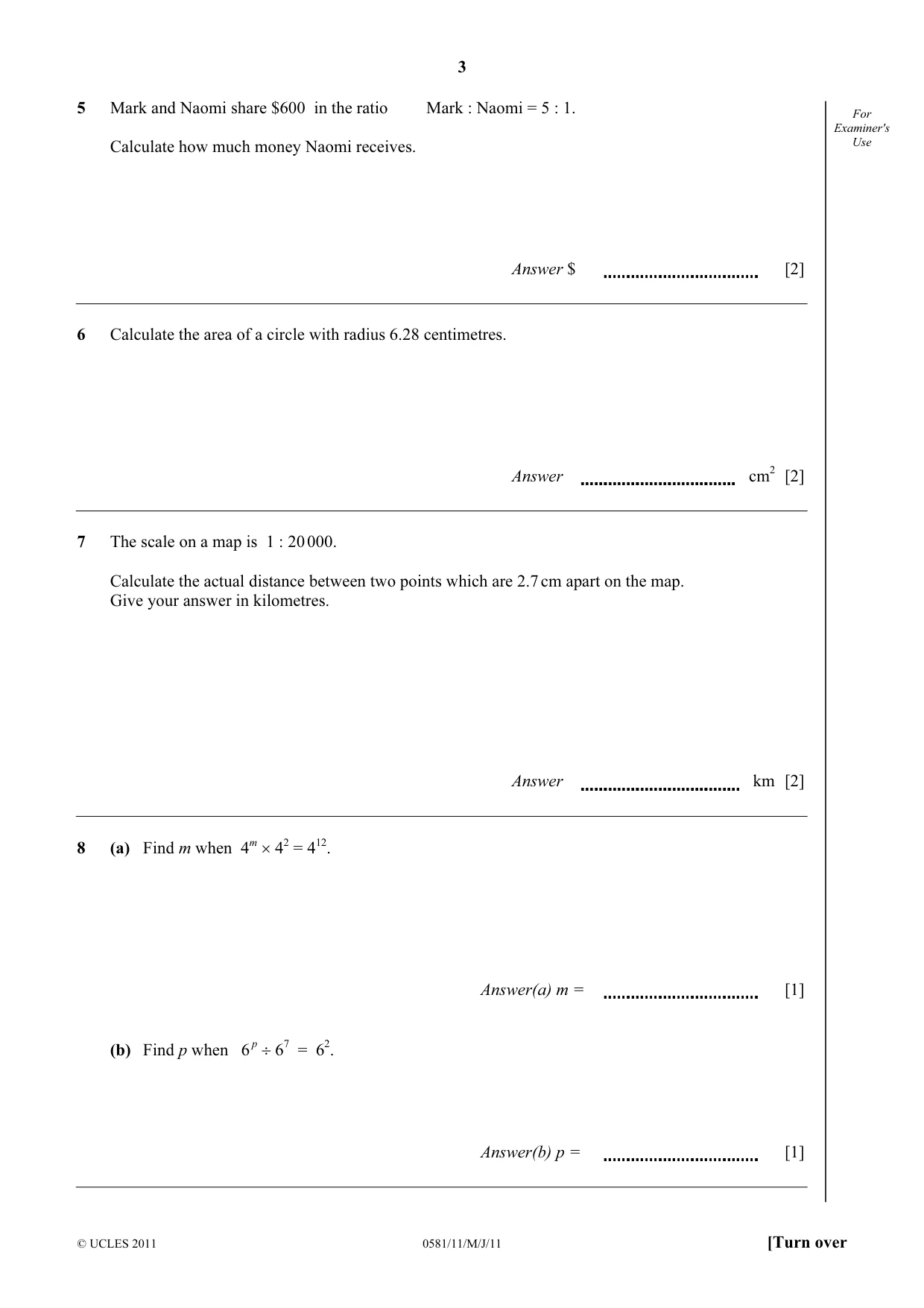 Cambridge IGCSE Mathematics (with coursework) 0581 2011 May/June Paper 1 · Variant 1 question paper, page 3 of 12