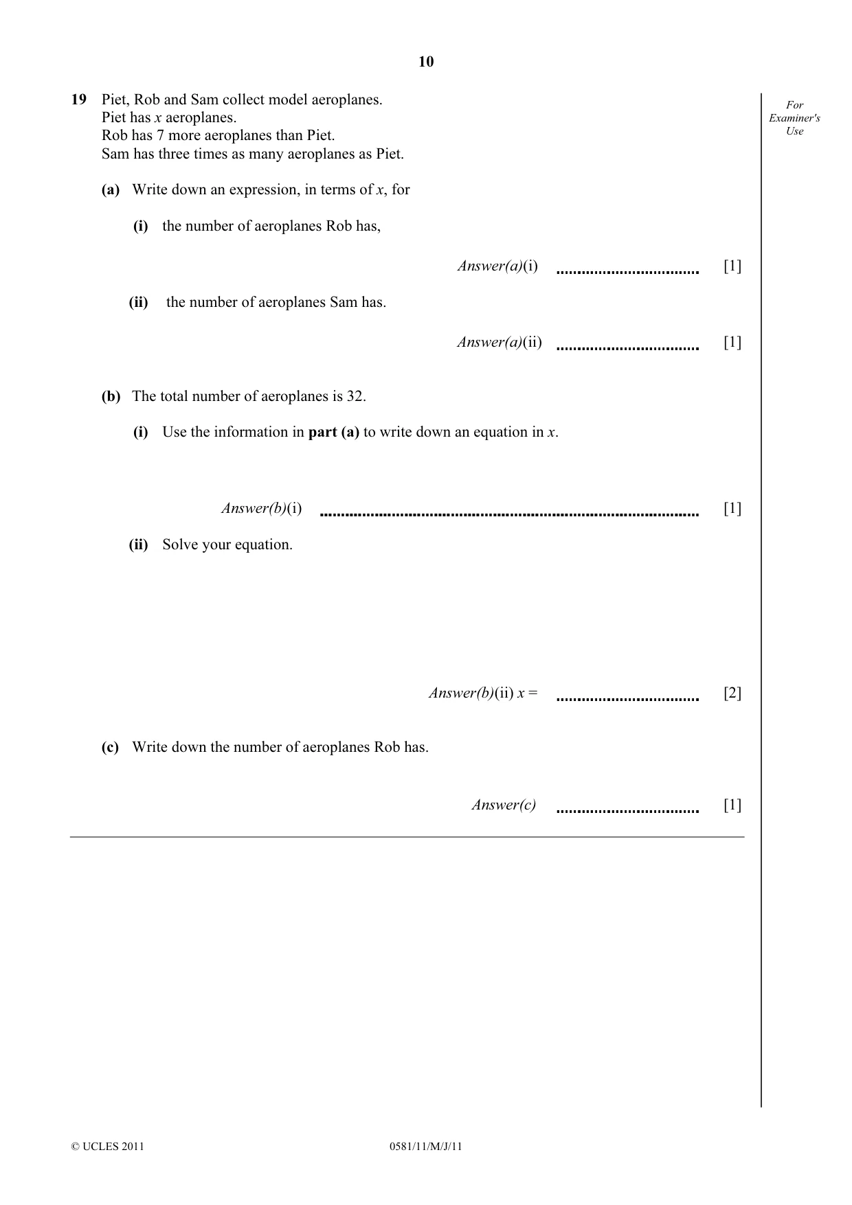 Cambridge IGCSE Mathematics (with coursework) 0581 2011 May/June Paper 1 · Variant 1 question paper, page 10 of 12