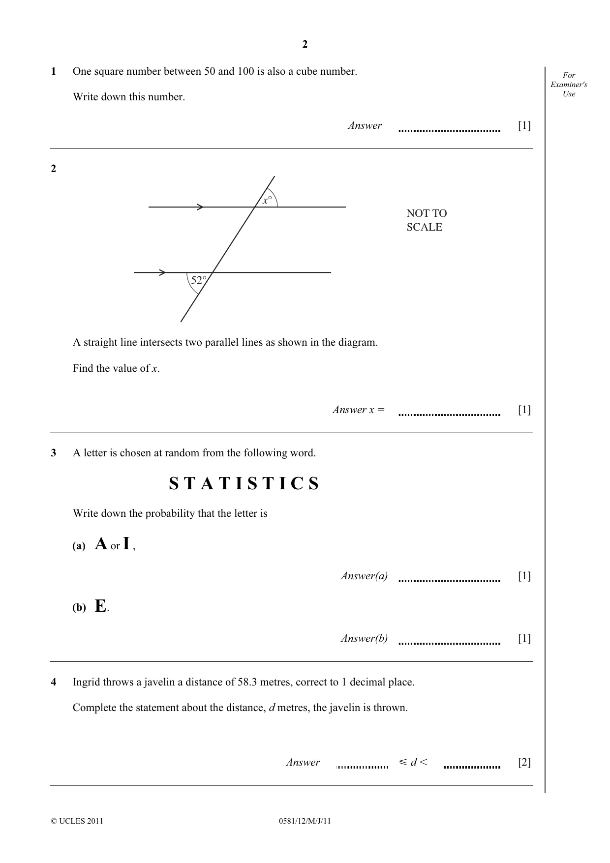 Cambridge IGCSE Mathematics (with coursework) 0581 2011 May/June Paper 1 · Variant 2 question paper, page 2 of 12