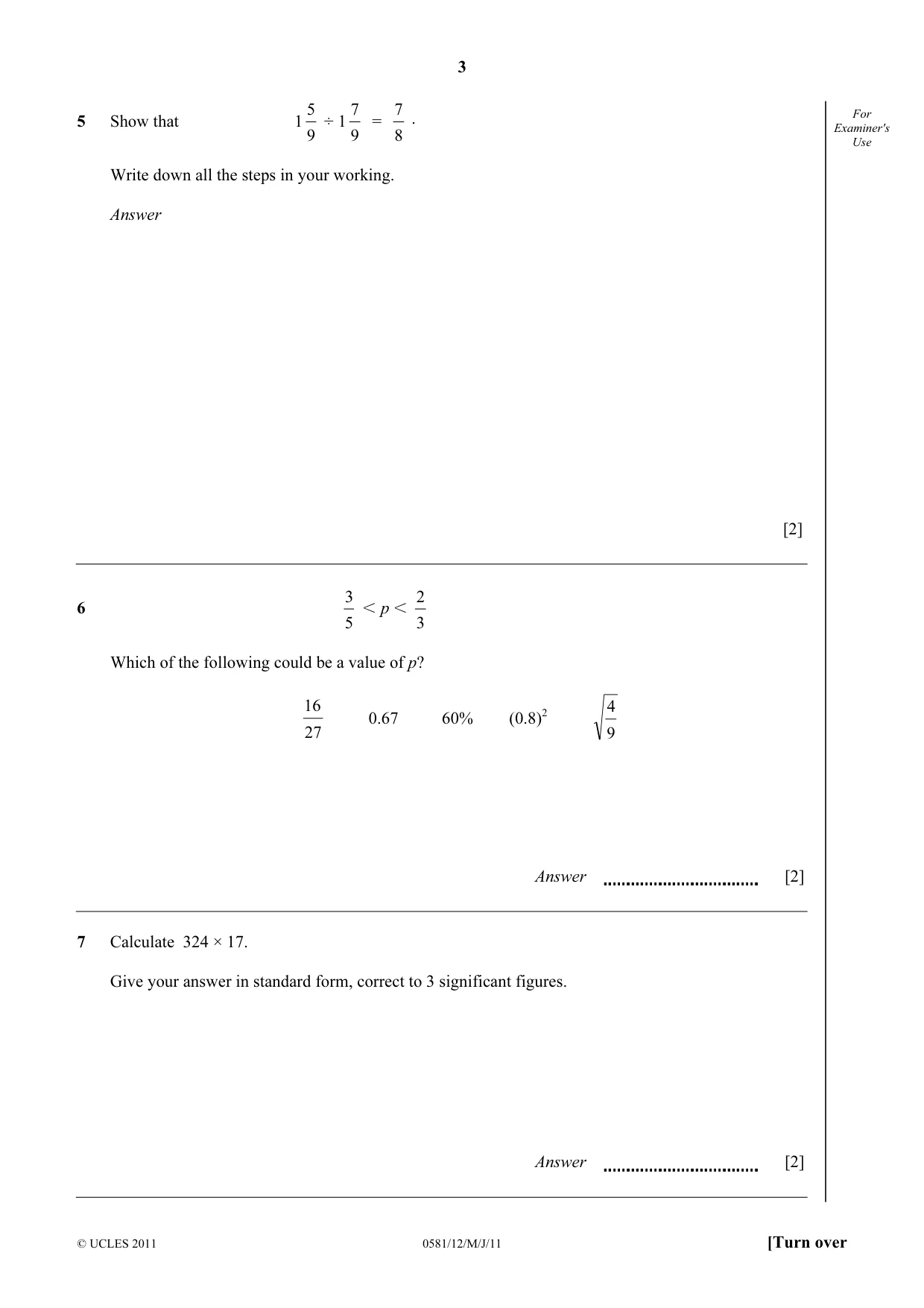 Cambridge IGCSE Mathematics (with coursework) 0581 2011 May/June Paper 1 · Variant 2 question paper, page 3 of 12