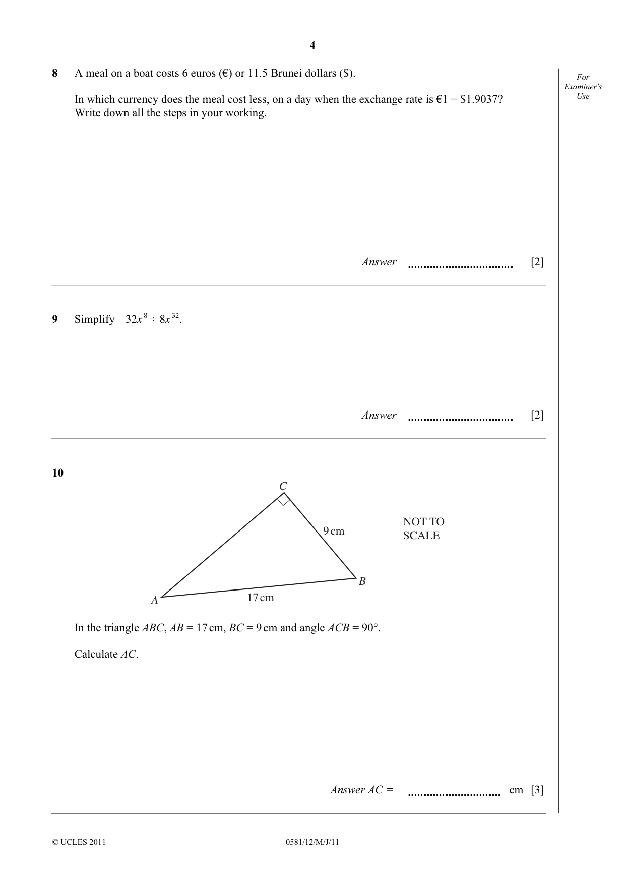 Cambridge IGCSE Mathematics (with coursework) 0581 2011 May/June Paper 1 · Variant 2 question paper, page 4 of 12