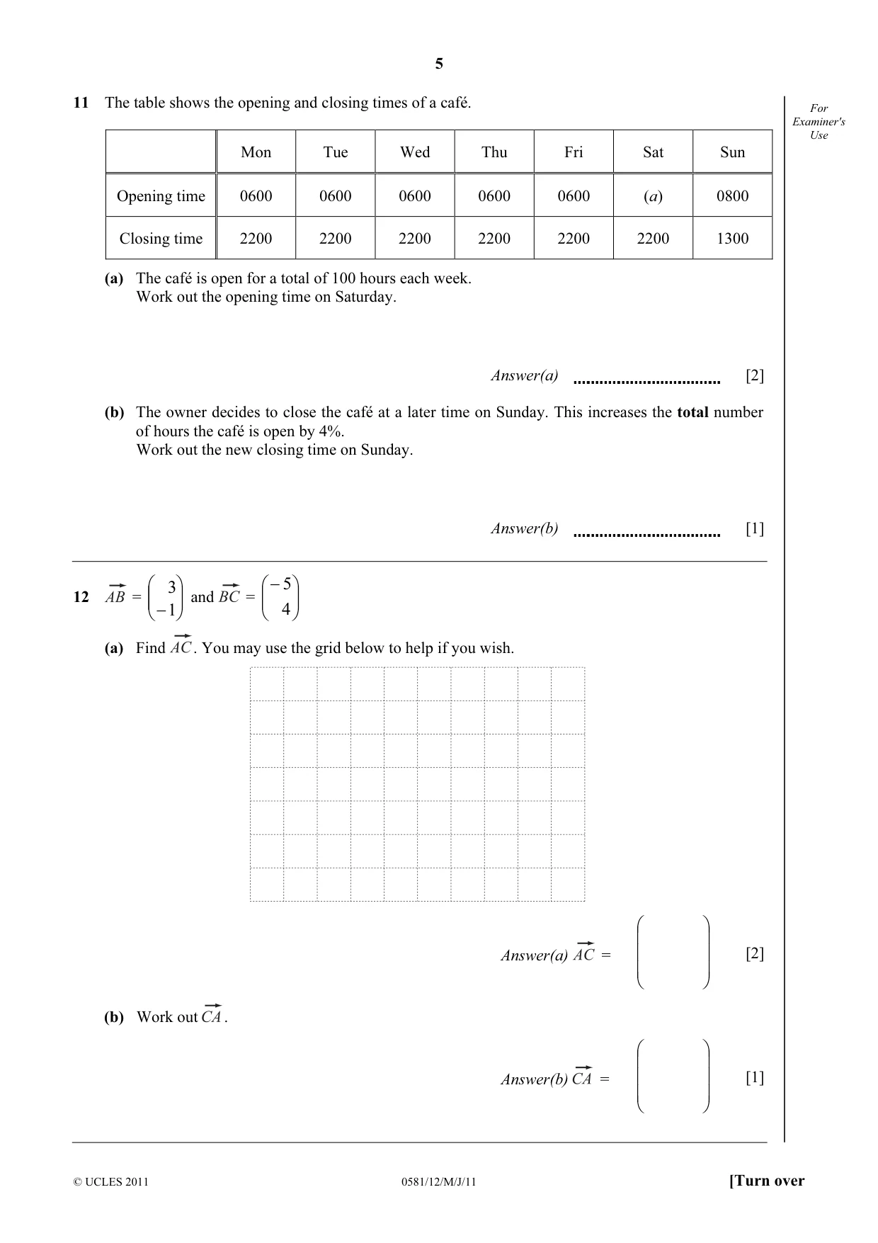 Cambridge IGCSE Mathematics (with coursework) 0581 2011 May/June Paper 1 · Variant 2 question paper, page 5 of 12